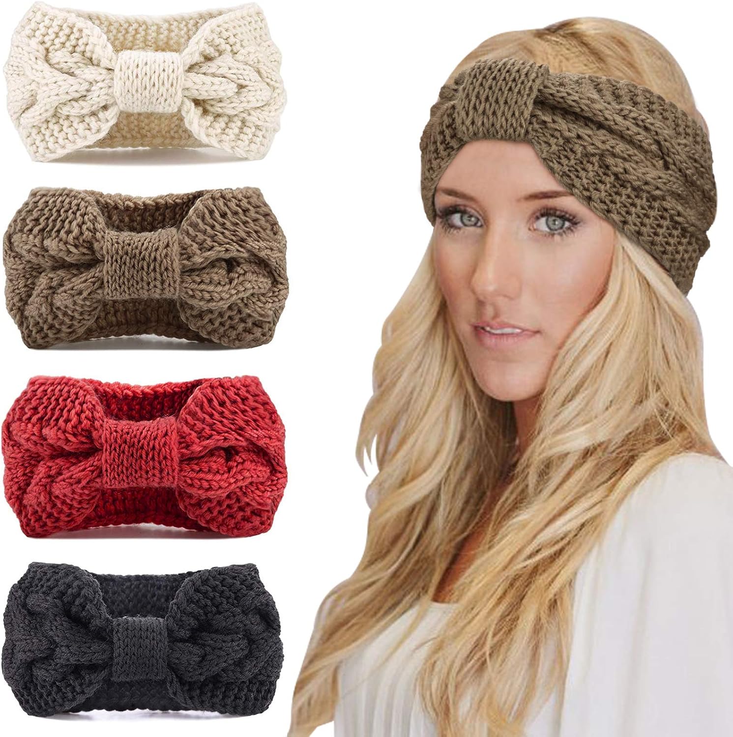 DRESHOW Damen Winter Stirnbänder im 4er-Set – Strick, Ohrwärmer-Stil mit Turban-Optik