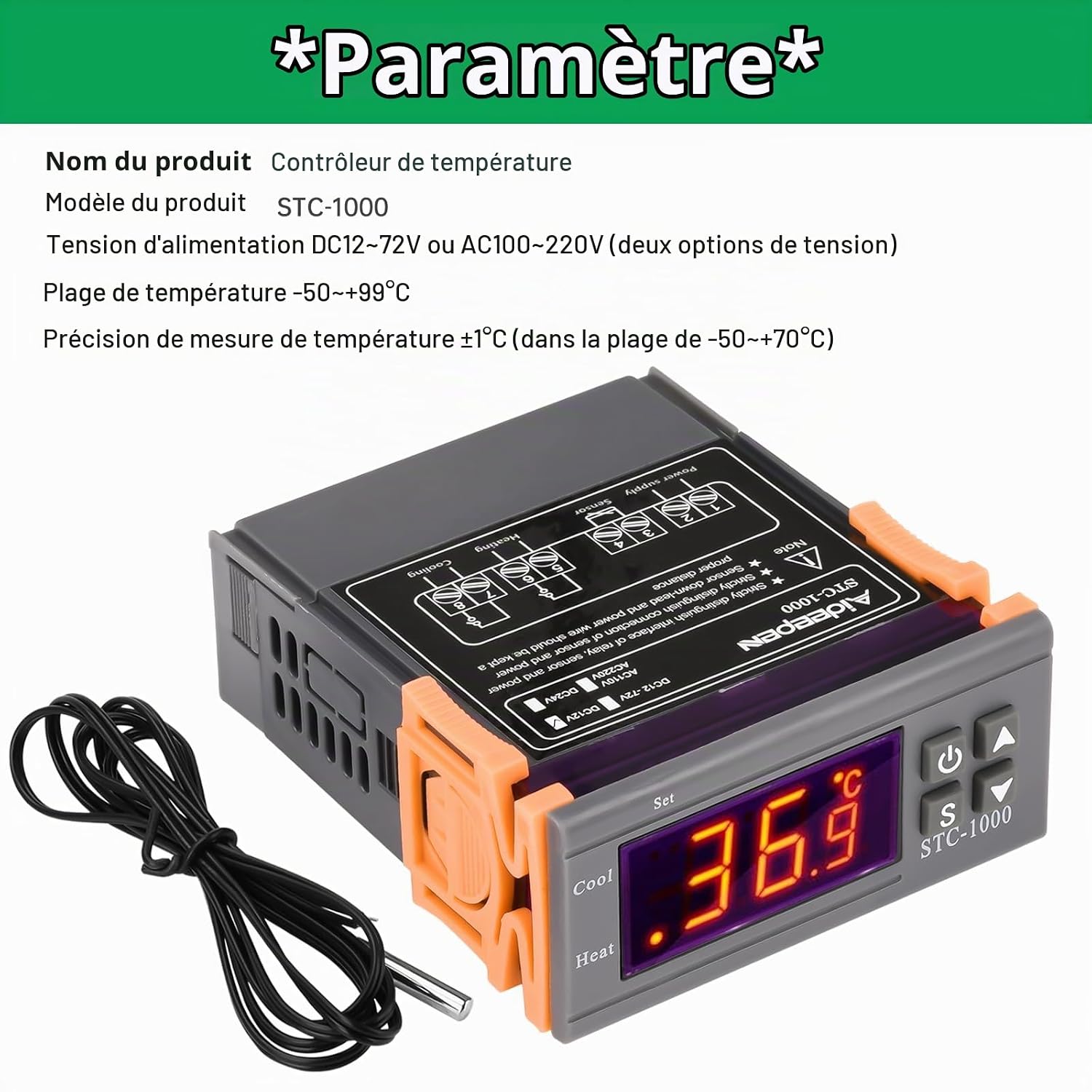 Detalle 2 de Aideepen STC-1000 temperatuurregelaar, DC 12 V, 10 A, met NTC-sensor