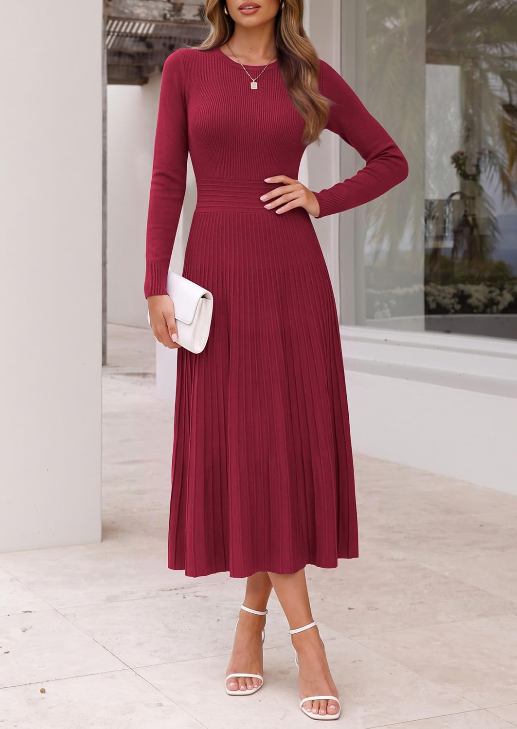 Detalle de PRETTYGARDEN Women's Long-Sleeve Knit Sweater Dress, Pleated A-Line