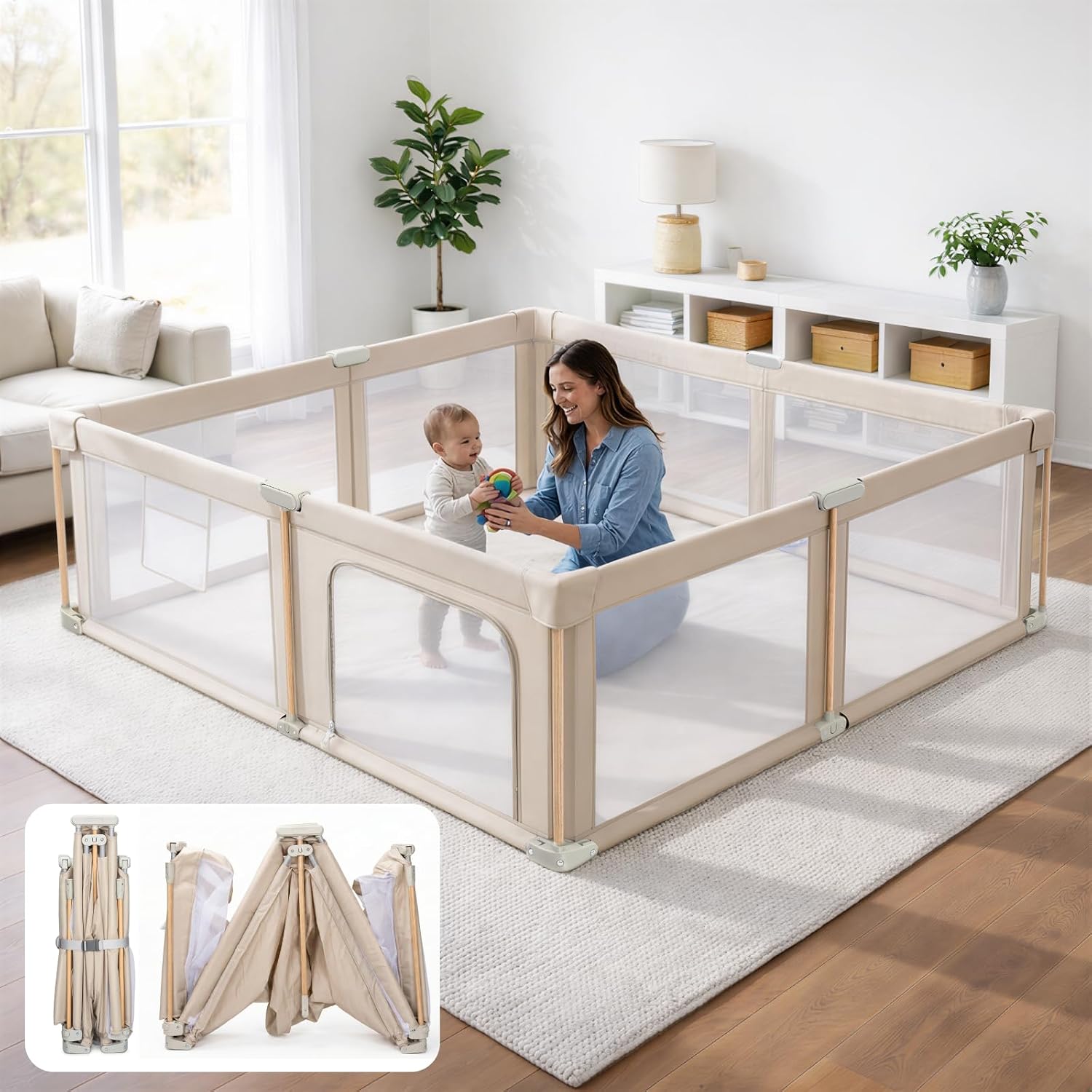 Detalle de Cbcvvaer Foldable Baby Playpen with Mat, 71 × 79-Inch Khaki Mesh Play Yard