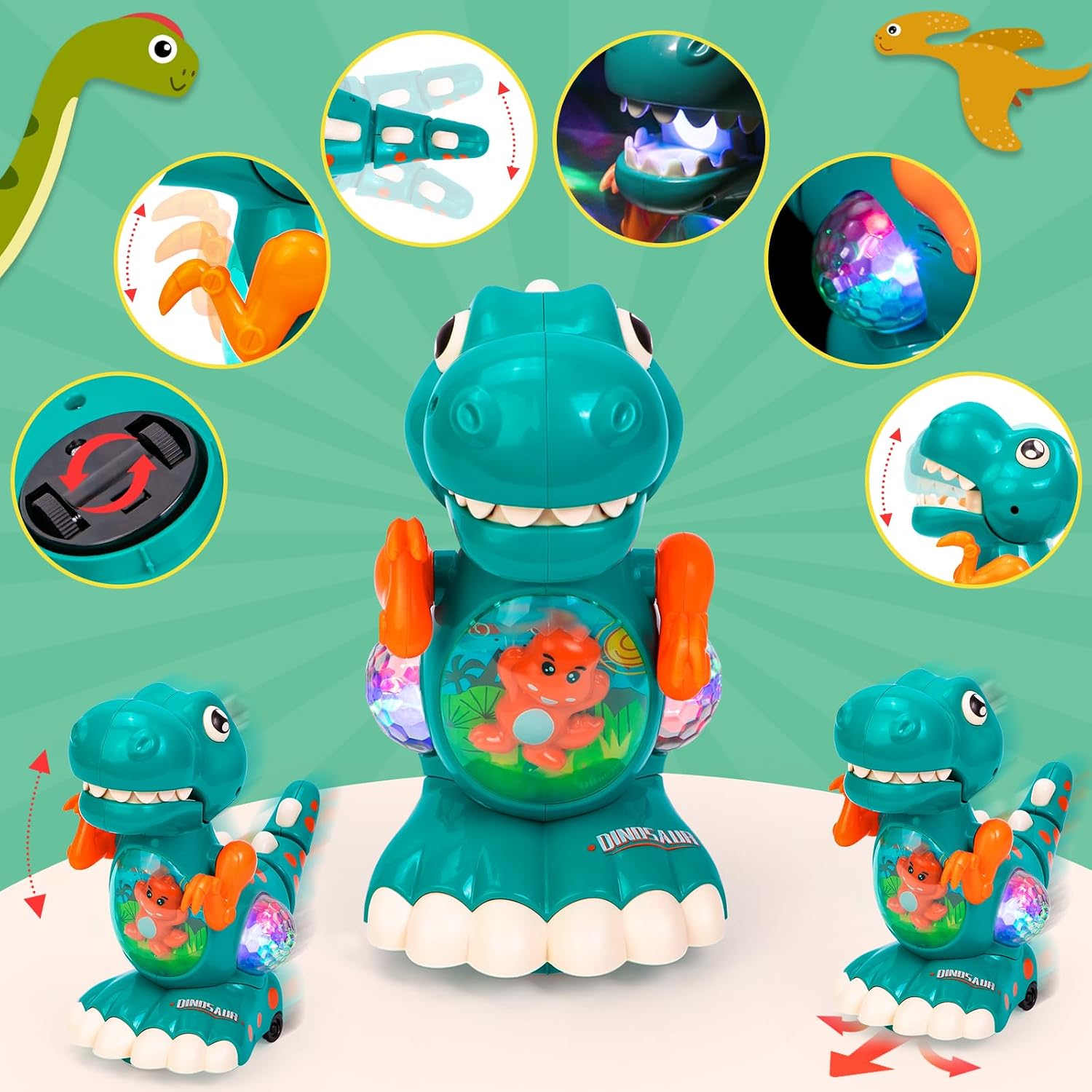 Thumbnail 2 de Thedttoy Musical Light Crawling Walking Dinosaur Toy (Green) for Baby Boys & Girls