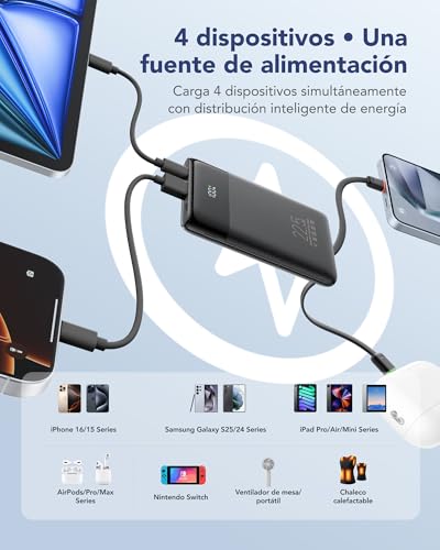 Detalle de VEGER Power Bank con cables integrados (10000mAh) | Carga rápida 22,5W