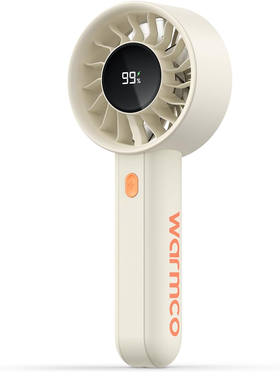 Warmco Portable Handheld Turbo Fan 5000mAh – 4-Speed Mini Fan with Base & Lanyard, USB Rechargeable, White