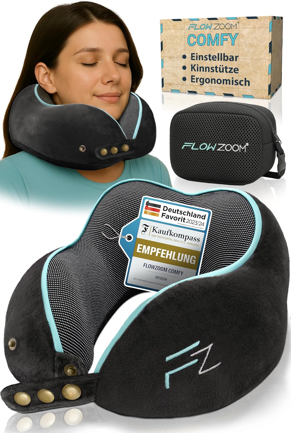 Detalle de FLOWZOOM Comfy Nackenkissen für Flugzeug & Auto – einstellbares Memoryschaum Nackenhörnchen mit Druckknöpfen, waschbarer Bezug