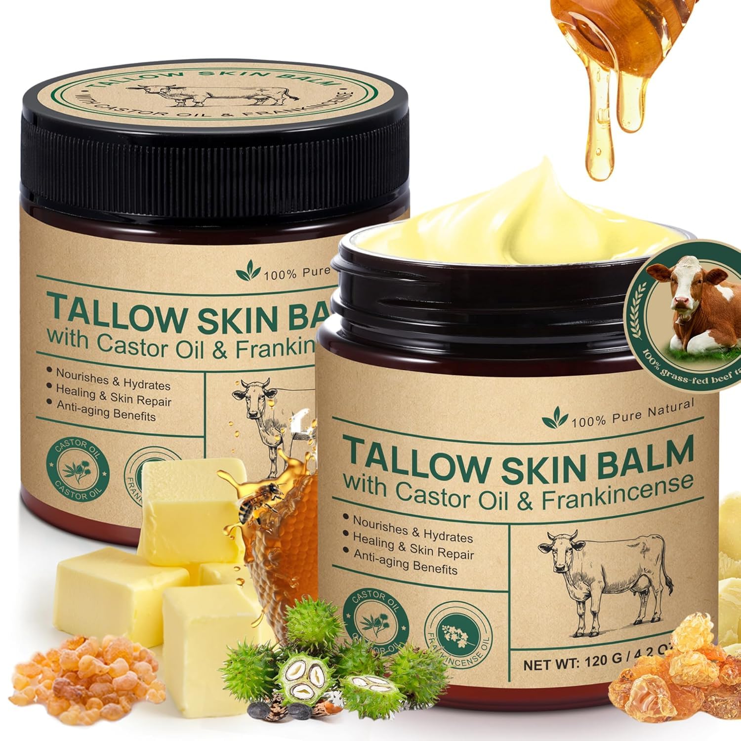Detalle de Beef Tallow Cream – 2 Stück Rindertalg Creme mit Weihrauch, Ricinöl und Bienenwachs (100% grasgefüttertes Rindfleischfett)