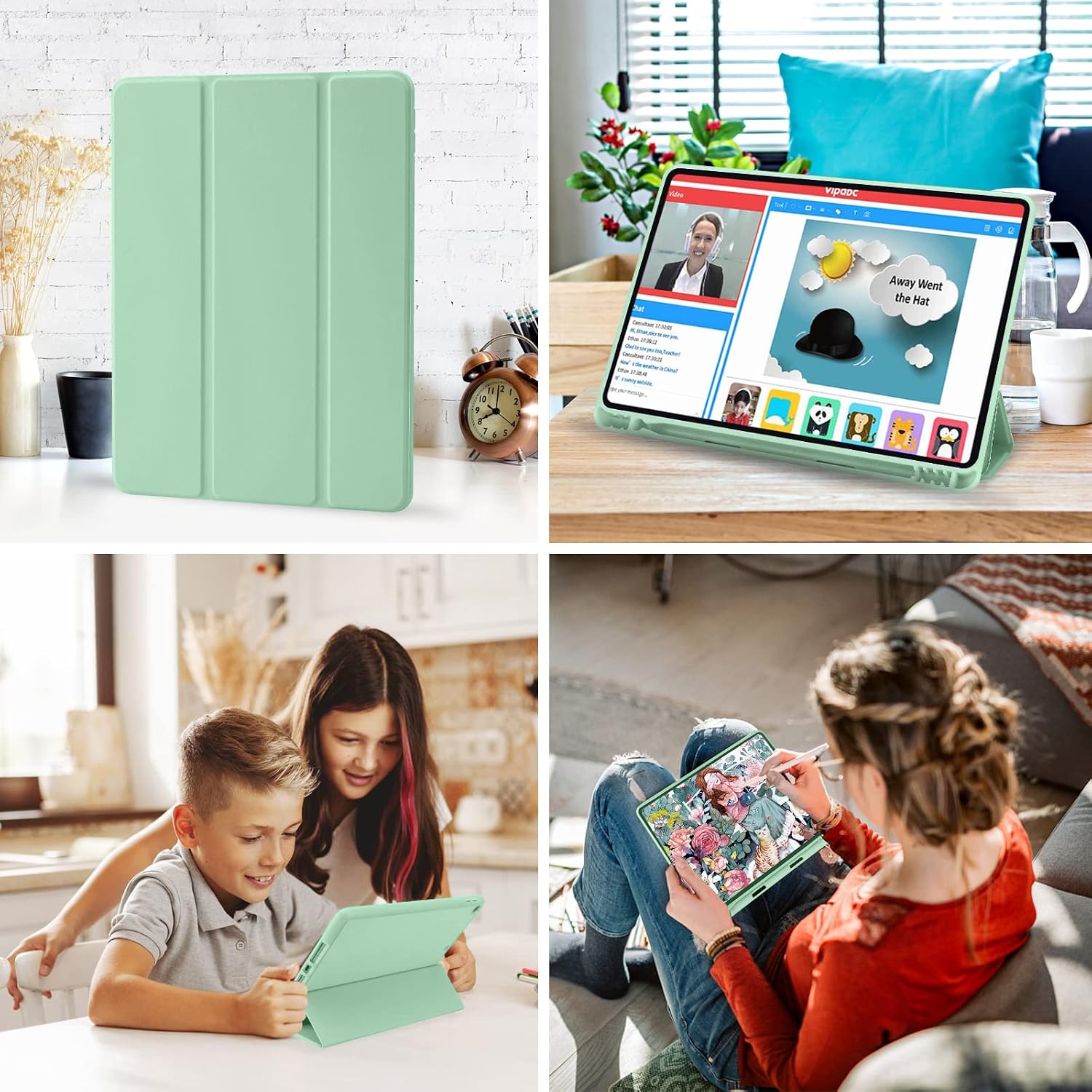 Detalle 2 de Palkitsee Hülle für iPad 10,2 Zoll (9.8./7. Gen) Grün Matcha – mit Stifthalter und Standfunktion