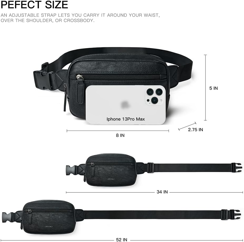Detalle 2 de LATMAP 2L Bumbag Fanny Pack: Vegan Leather, Water-Resistant Belt Bag in Black
