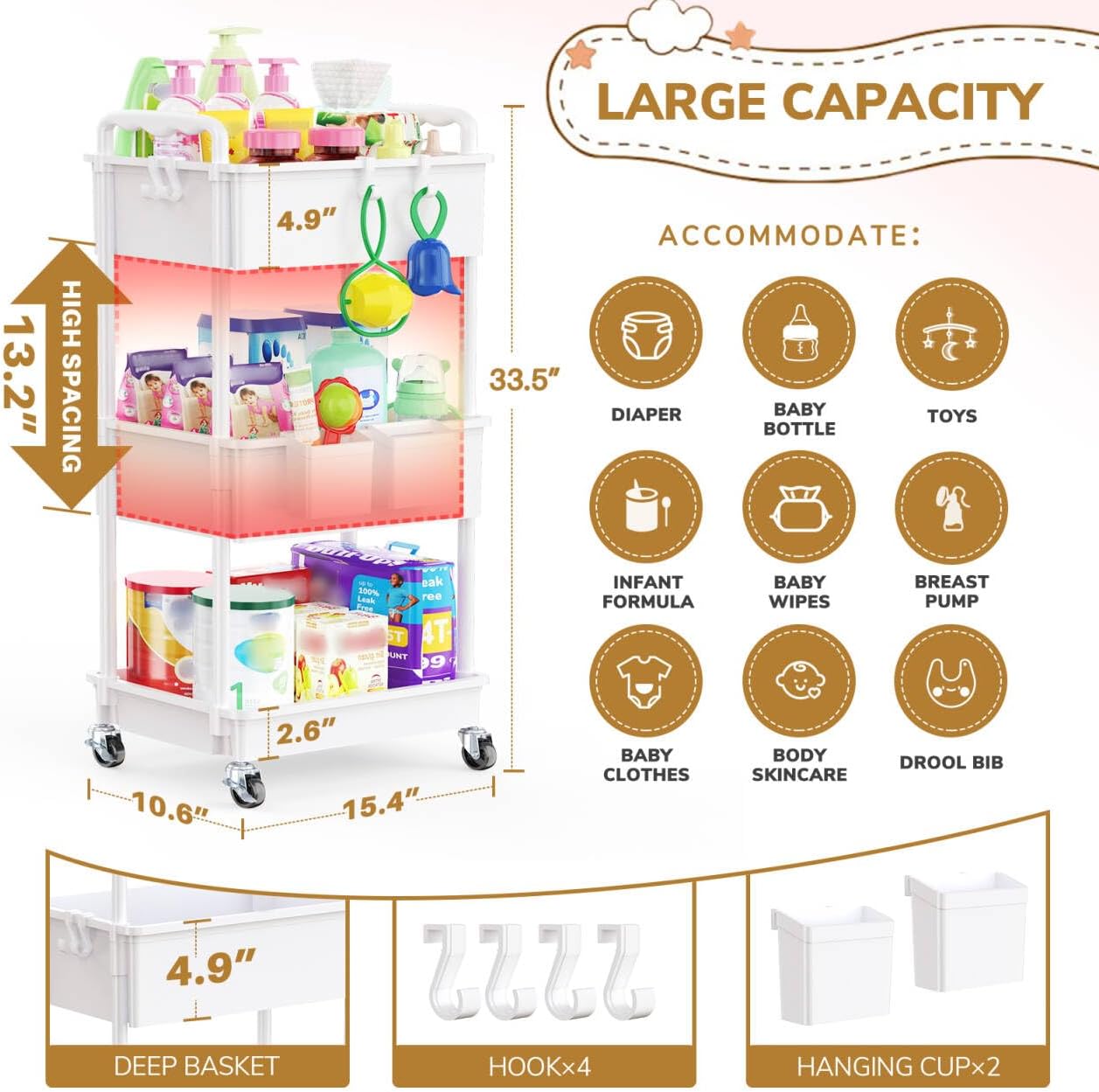Thumbnail 3 de Goovilla 3-Tier Diaper Cart, White Rolling Organizer with Lockable Wheels