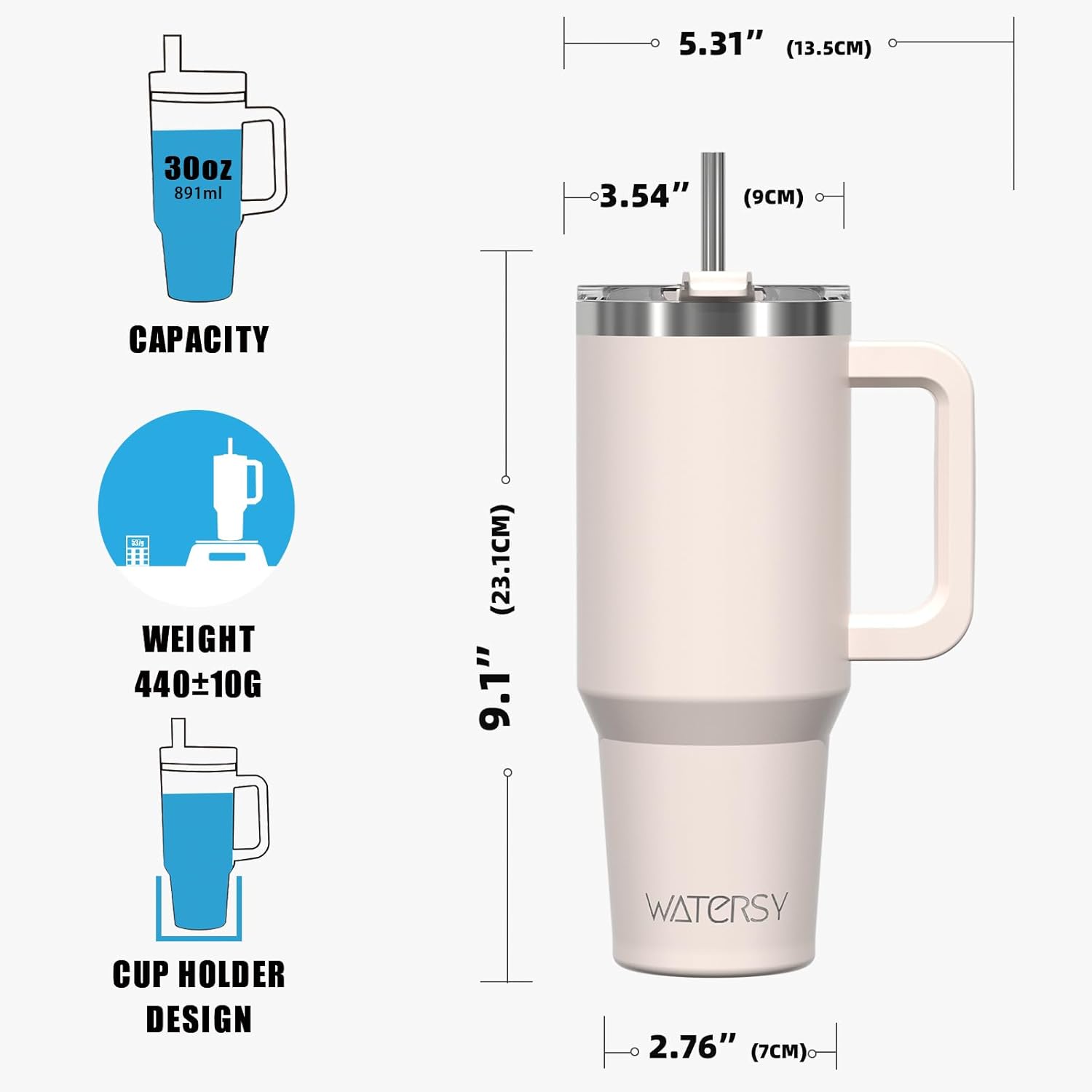 Thumbnail 4 de WATERSY 30oz To-Go Thermobecher aus doppelwandigem Edelstahl – Auslaufsicher, Griff & Strohhalm, 360° Dichtung, Hellbeige
