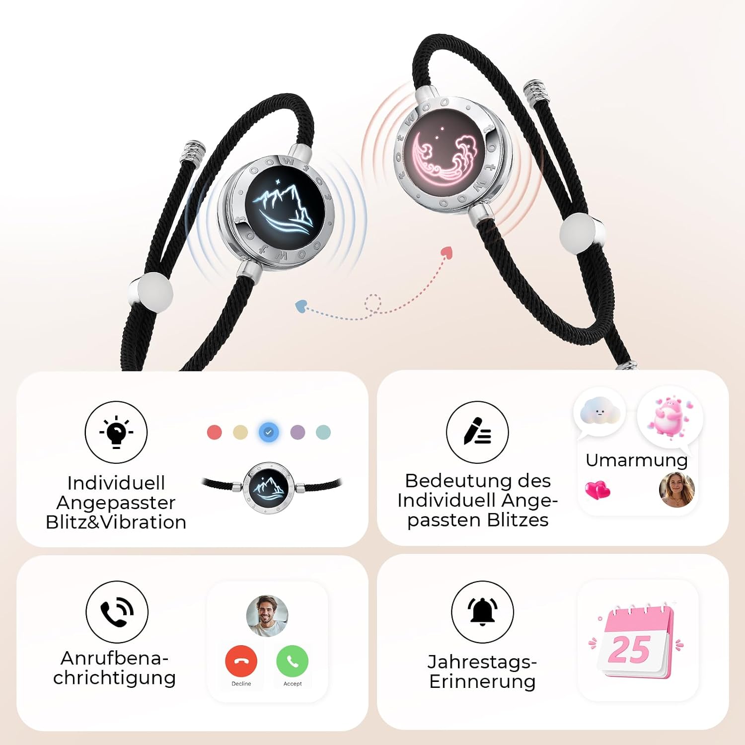 Detalle de Bracelet connecté TOTWOO pour couples à distance – bracelet vibrant, nœud tressé ajustable en acier inoxydable
