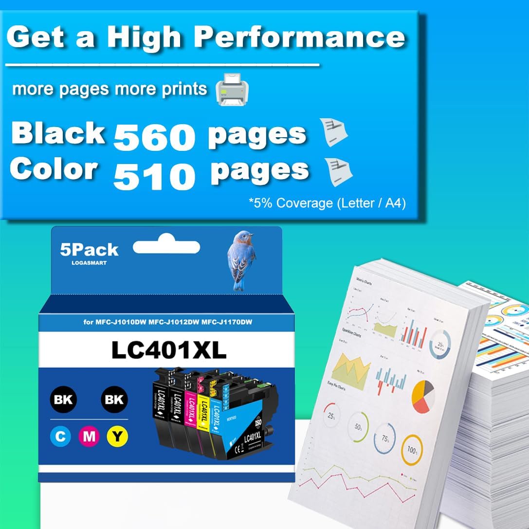 Thumbnail 2 de LOGASMART LC401XL Ink Cartridges, 5-Pack for Brother MFC-J1010DW, J1012DW & J1170DW