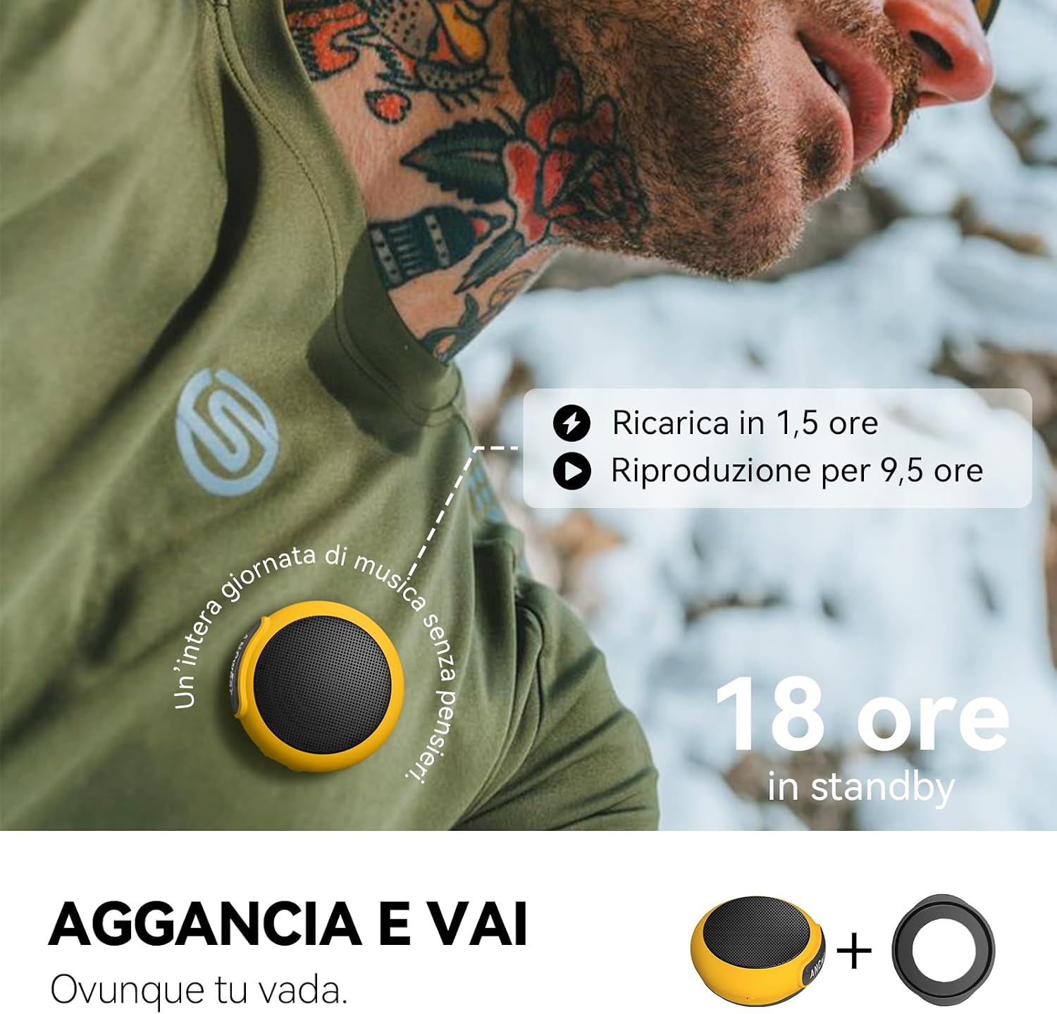 Detalle de ANCwear Cassa Bluetooth 5.3 Portatile Mini con Clip e Cinturino – IPX6, 9,5 h, suono chiaro