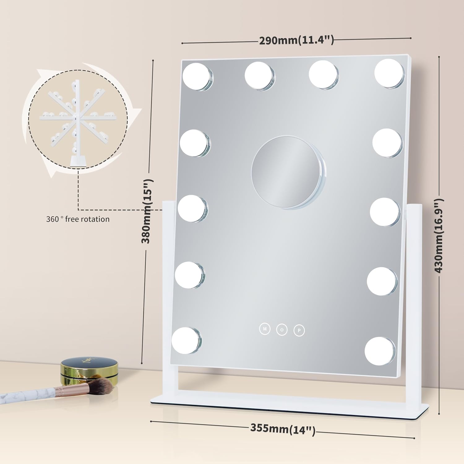Detalle de Kotdning Lighted Vanity Mirror with 12 Bulbs, 3 Color Modes and 10x Magnifier