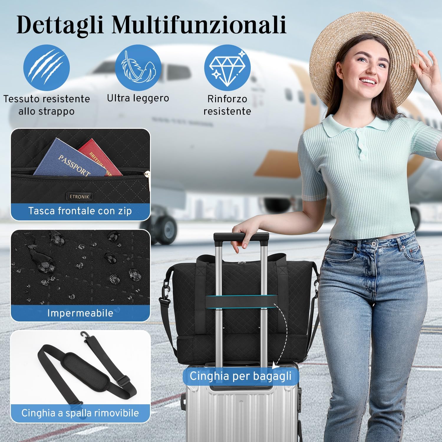 Detalle de Bagaglio a Mano 40x30x20 Ryanair, 24L Grande Capacità – Borsa da Viaggio Etiam per Dormire Weekend e Sport