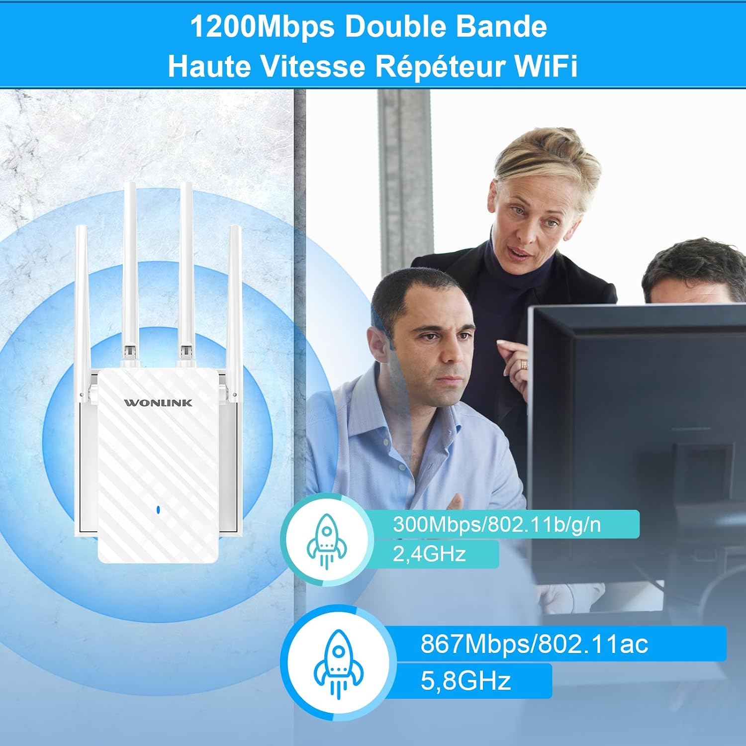 Detalle 2 de WONLINK Répéteur WiFi AC1200 double bande avec port Ethernet et 4 antennes