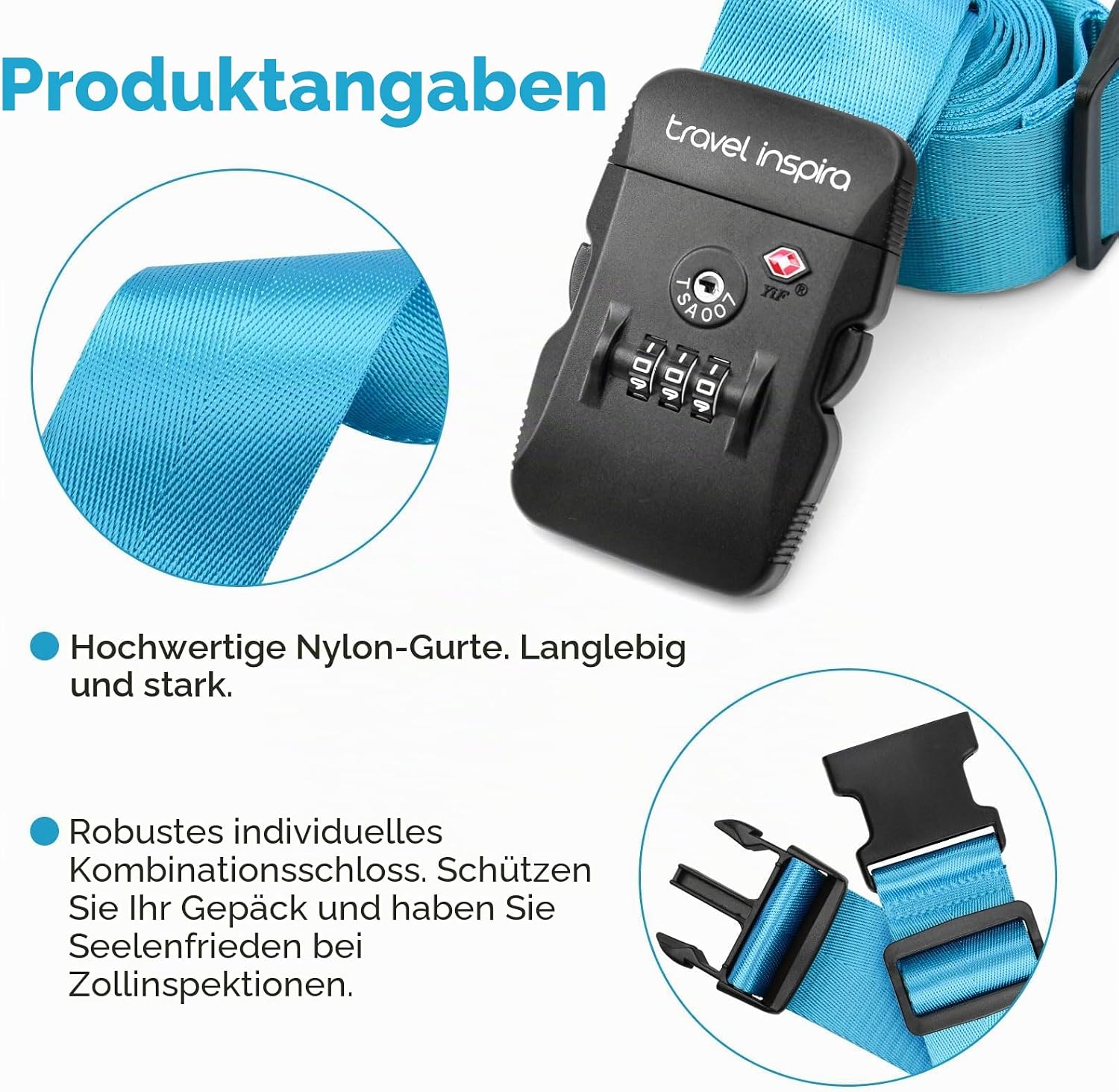 Thumbnail 6 de travel inspira TSA Koffergurt mit Namensschild, Kreuzbefestigung, 20–34 Zoll, Leuchtblau