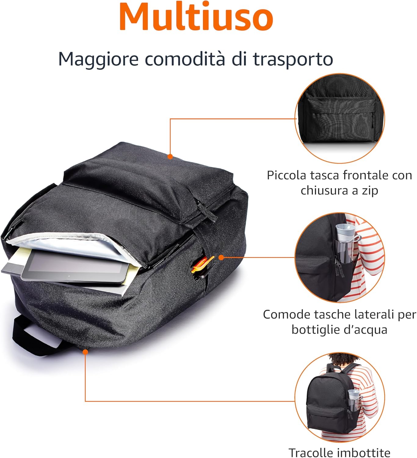Detalle de Amazon Basics Zaino Classico/Casual/Scolastico Nero – Confezione da 1