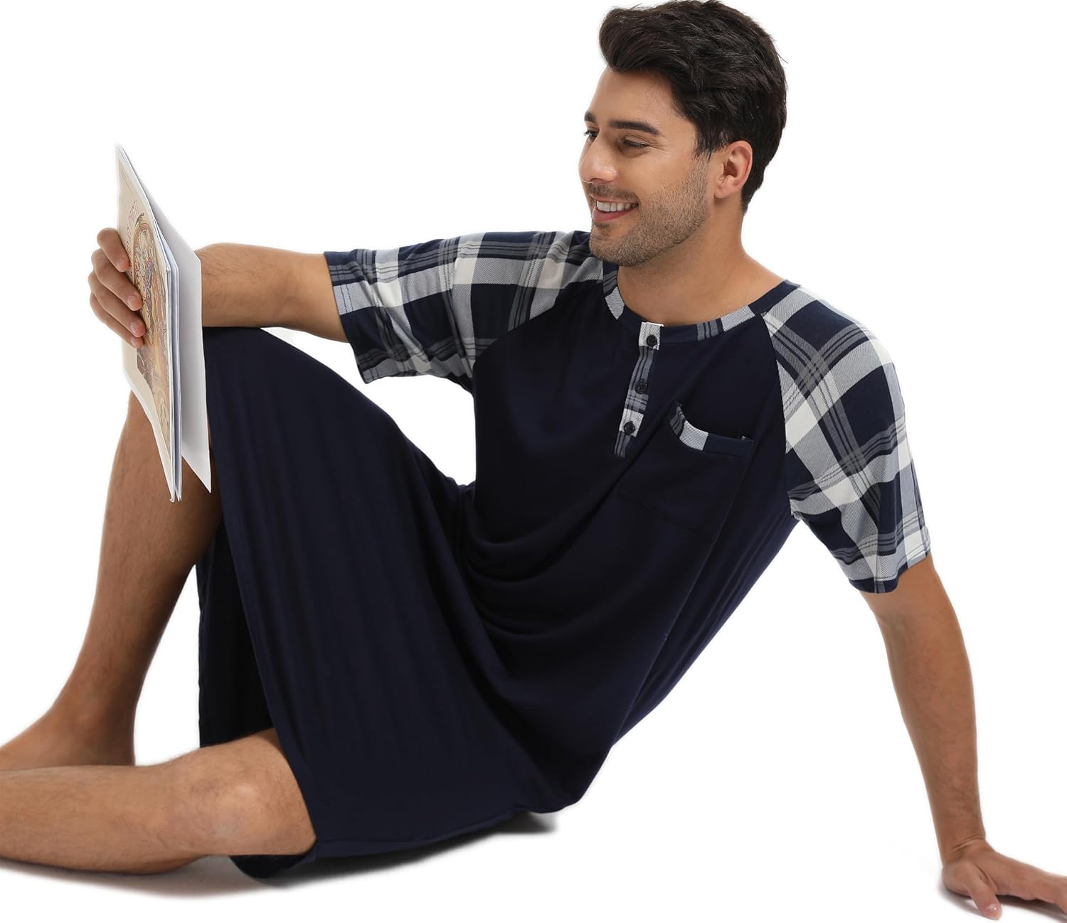 Detalle 2 de Enjoyoself Herren-Nachthemd Kurzarm aus Baumwolle – langes Schlafshirt mit Knöpfen