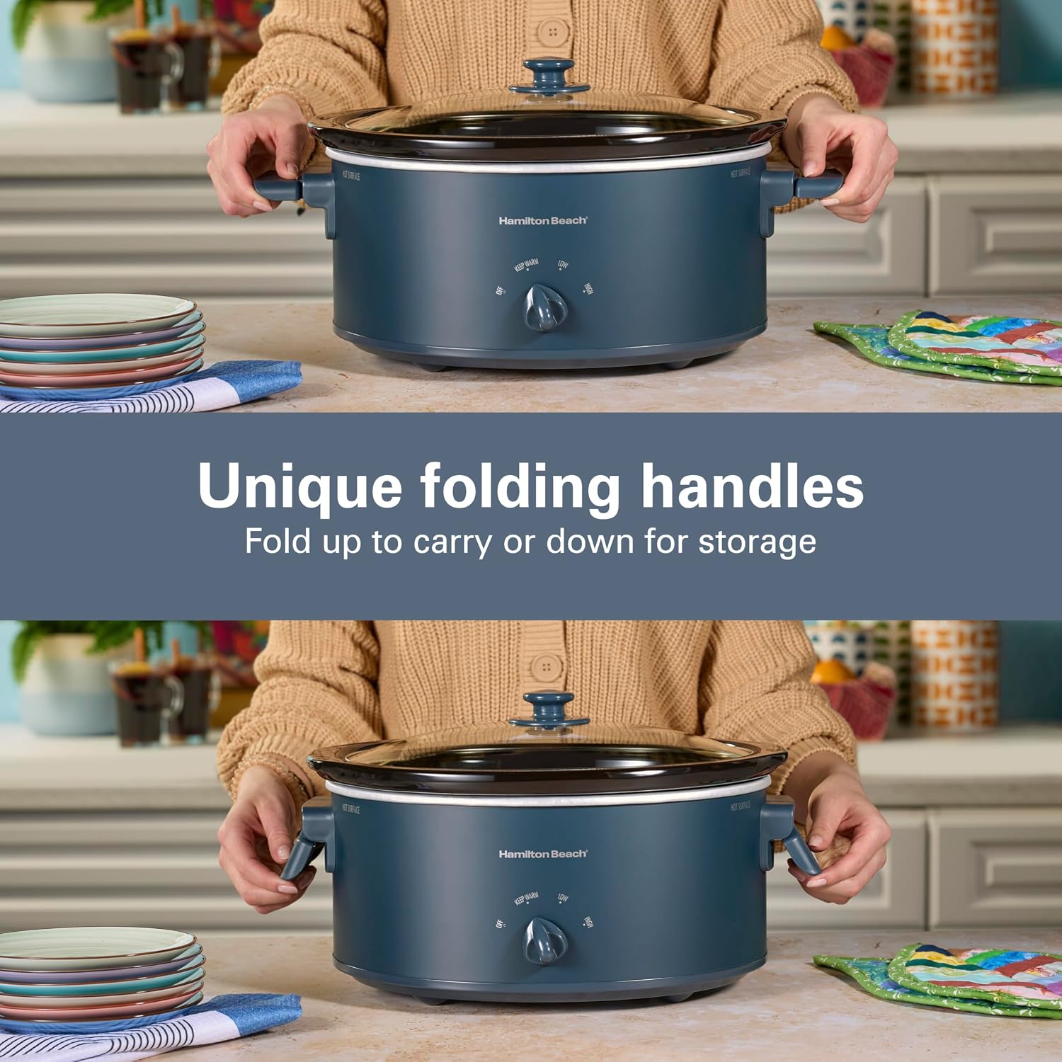 Thumbnail 1 de Hamilton Beach 6 Quart Slow Cooker with Space-Saving Folding Handles, 3 Heat Settings, Stoneware Crock & Glass Lid - Kitchen Makeover Blue (33608)