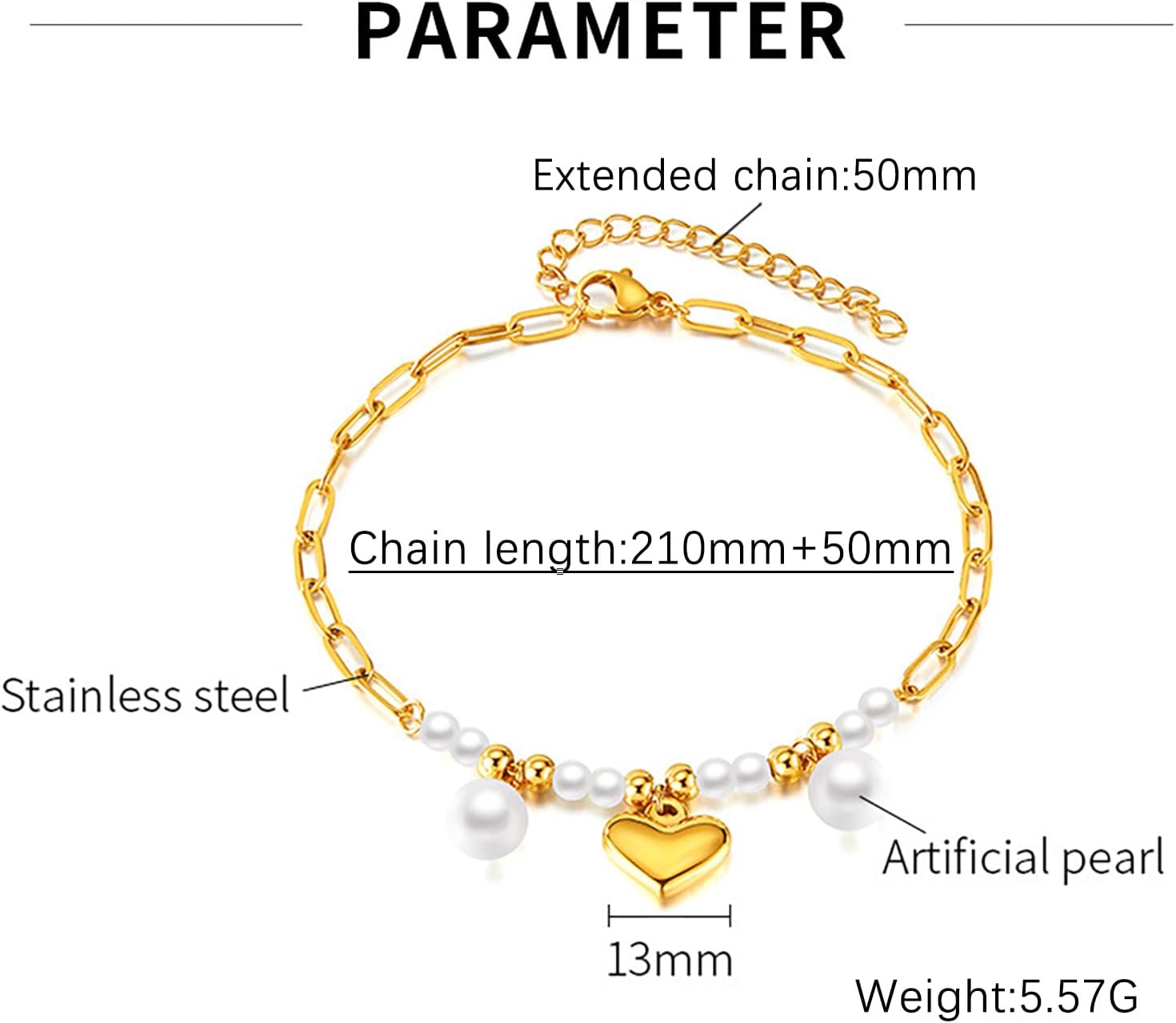 Detalle de Josfeva Damen-Fußkettchen in Gold-Optik mit Perlen-Herz-Anhänger, doppelte verstellbare Kette