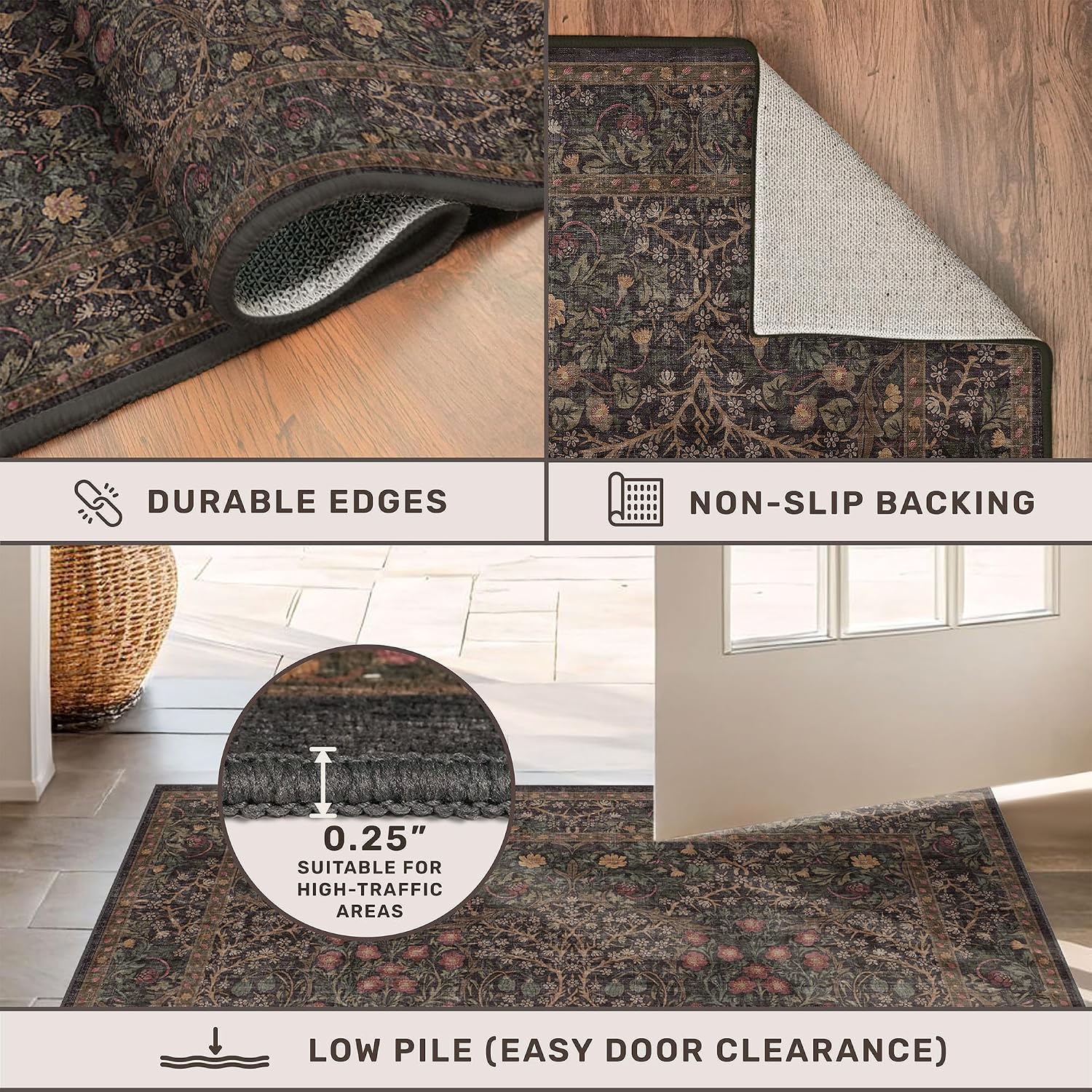 Thumbnail 4 de Hazo Haus RUG 002 Dark Brown 2' x 4' Washable Low-Pile Floral Runner