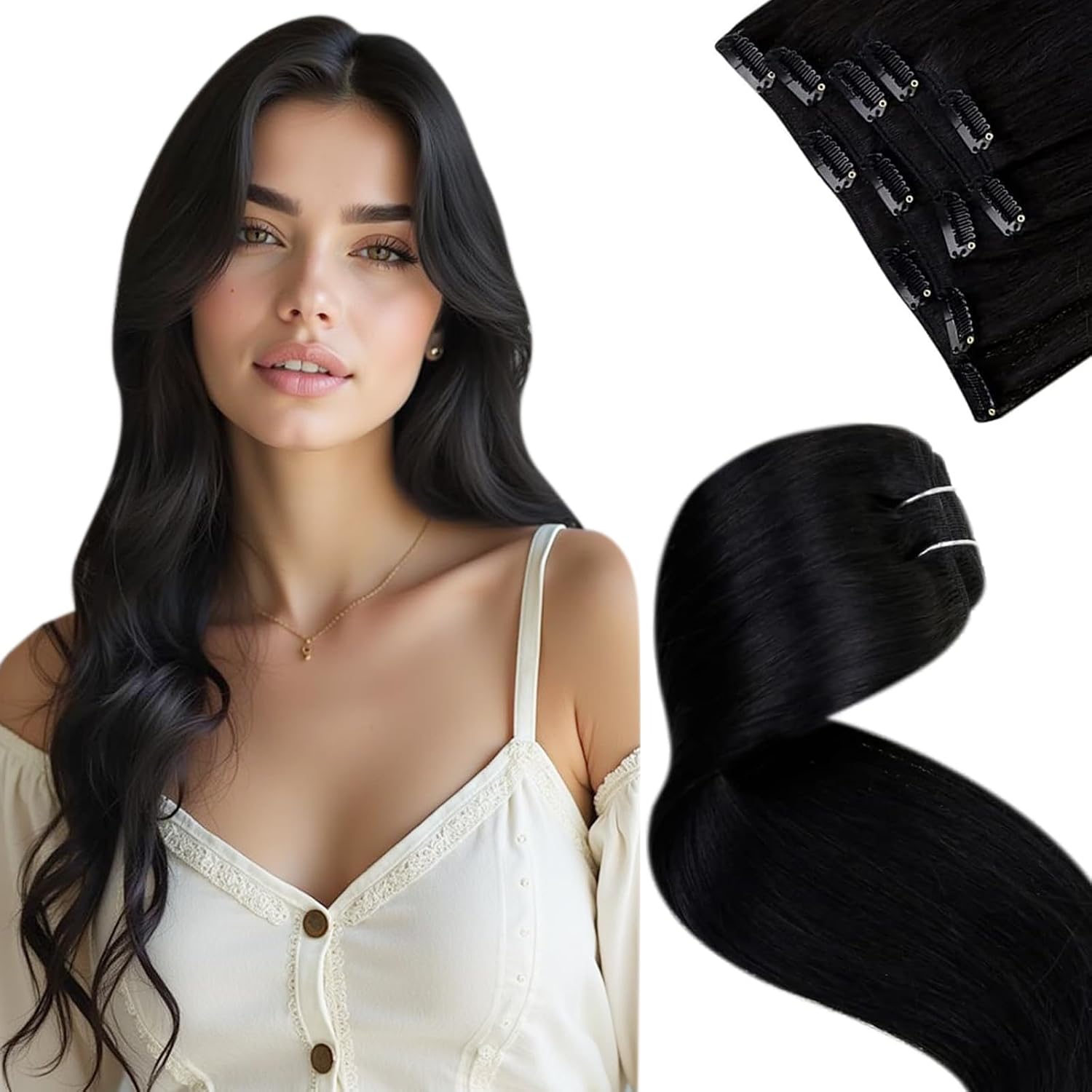Detalle 2 de LaaVoo Clip-in Extensions Mokka Braun – Echthaar, 45 cm, 7-teilig (120 g) #1C