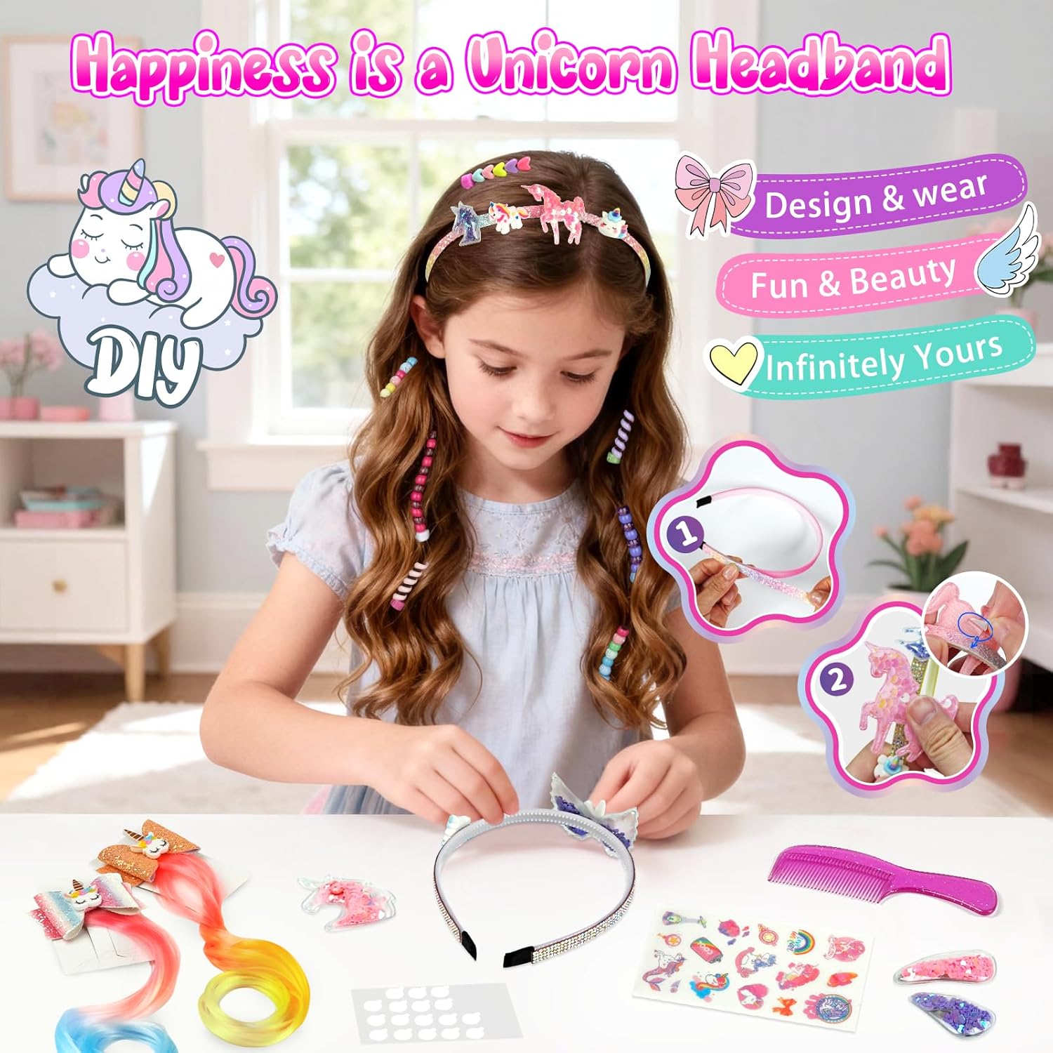 Detalle 2 de Fozcmisw Geschenk Mädchen Set mit Haarflechtmaschine, Haarperlen & Einhorn-Haaraccessoires (ab ca. 5 Jahren)
