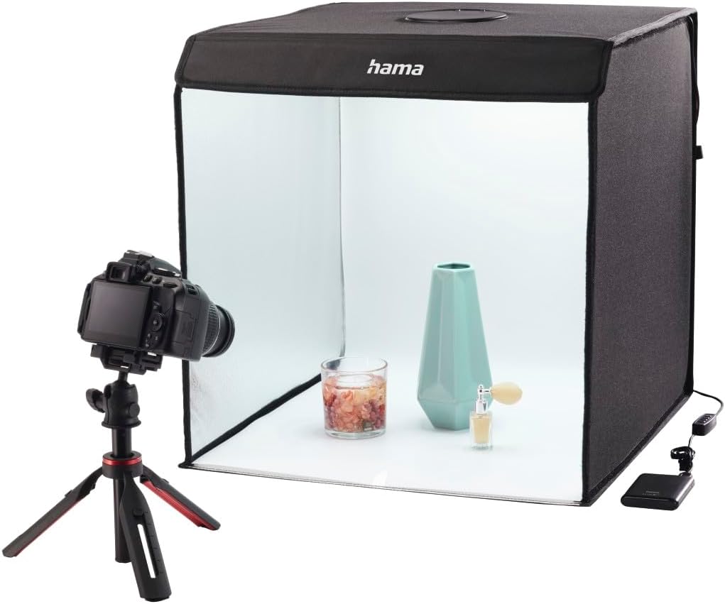 Detalle de Hama Fotobox 50x50 cm (mobiles Mini-Fotostudio) mit LED-Ringlicht, faltbar, für Produktfotografie & Greenscreen – weiß