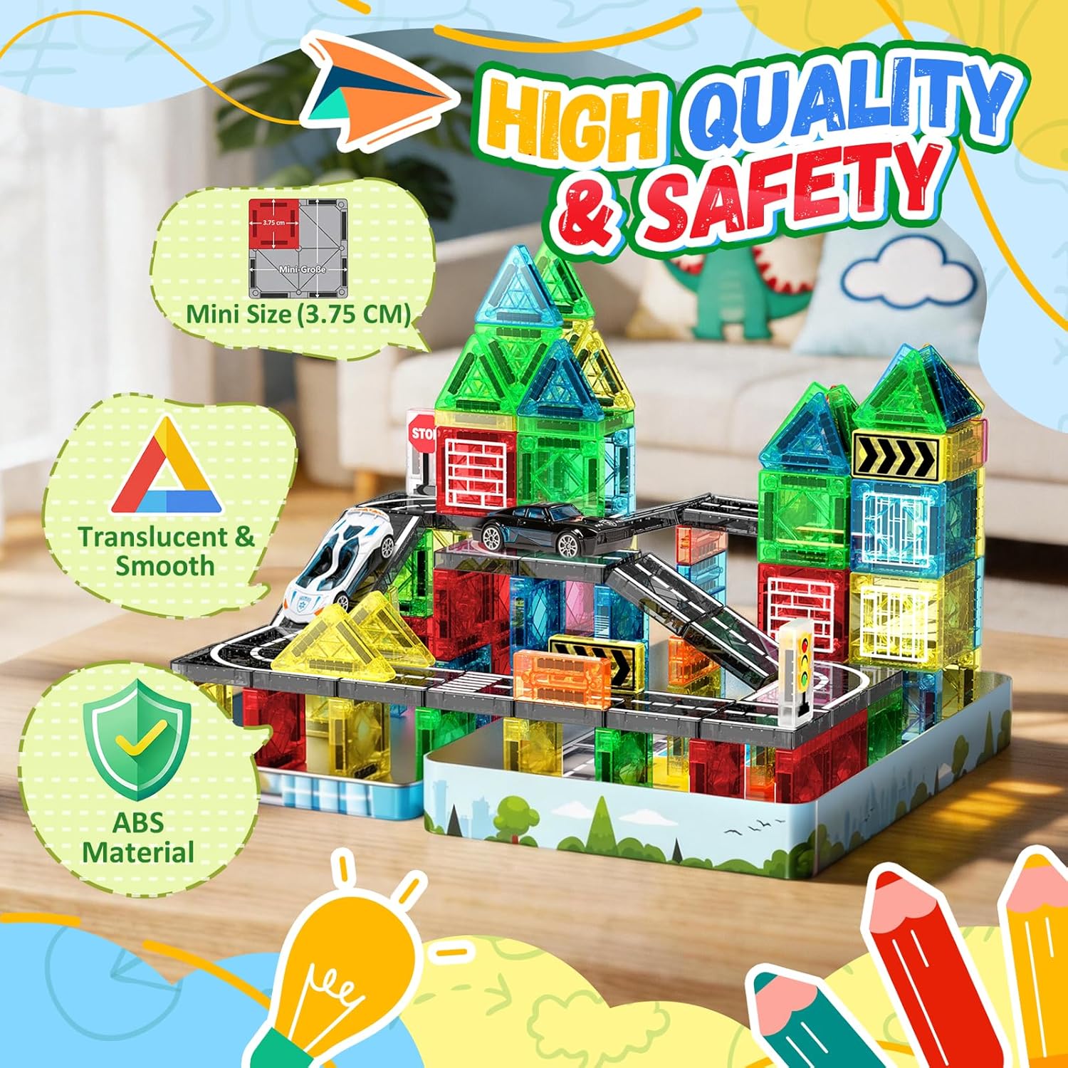 Detalle de iKidiki 58 PCS Mini Travel Magnetic Tiles Set – Compact City-Building Play for 3–6 Year Olds