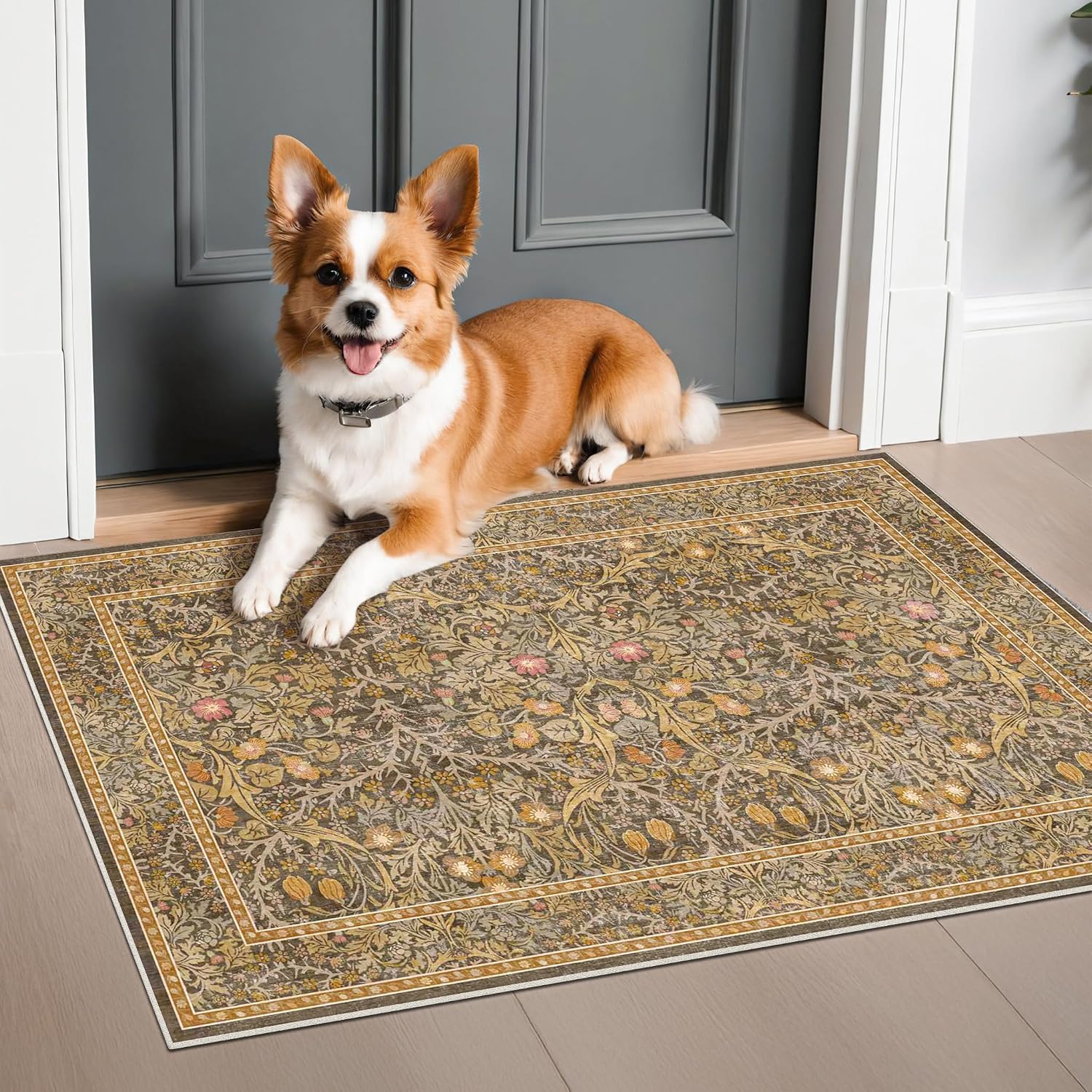 Detalle 2 de Brown Washable Entry Rug - Front Door Throw Rug (2x3) with Non-Slip Backing, Vintage Floral Boho Kitchen & Bathroom Mat