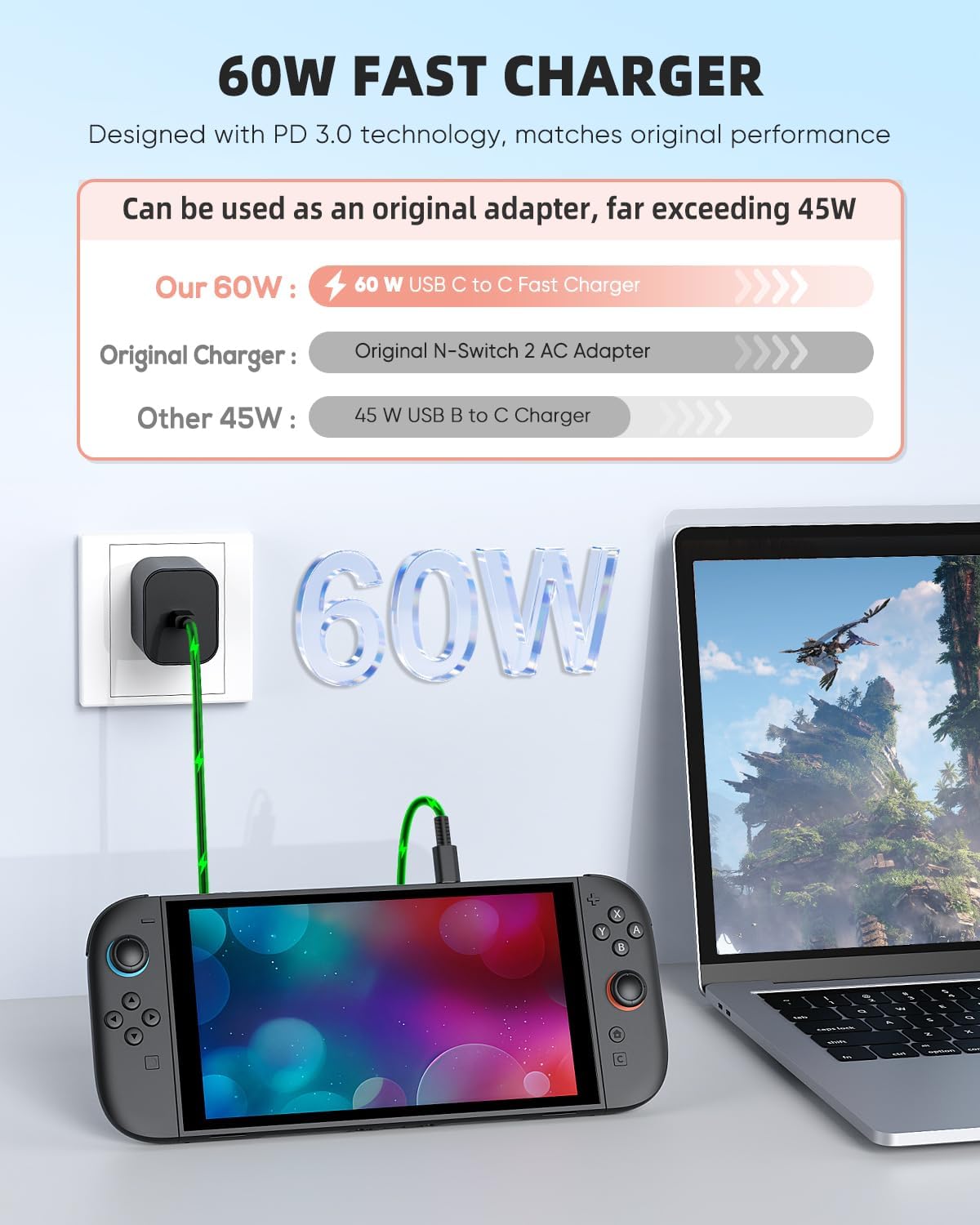 Thumbnail 4 de (10FT) Switch 2 60W AC Charger with Detachable Cable — 20V/3A USB-C Adapter for Switch 2 Dock Mode & TV 4K