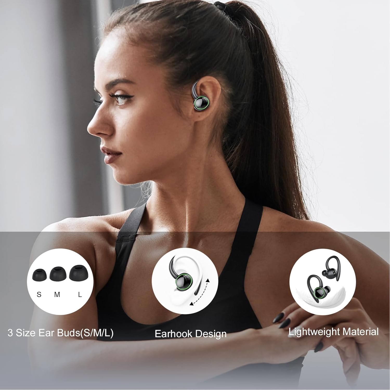 Thumbnail 6 de Wireless Earbuds Bluetooth 5.4 Sport Headphones with ENC Mic, 48H Battery, Earhooks, IP7 Waterproof (Black)