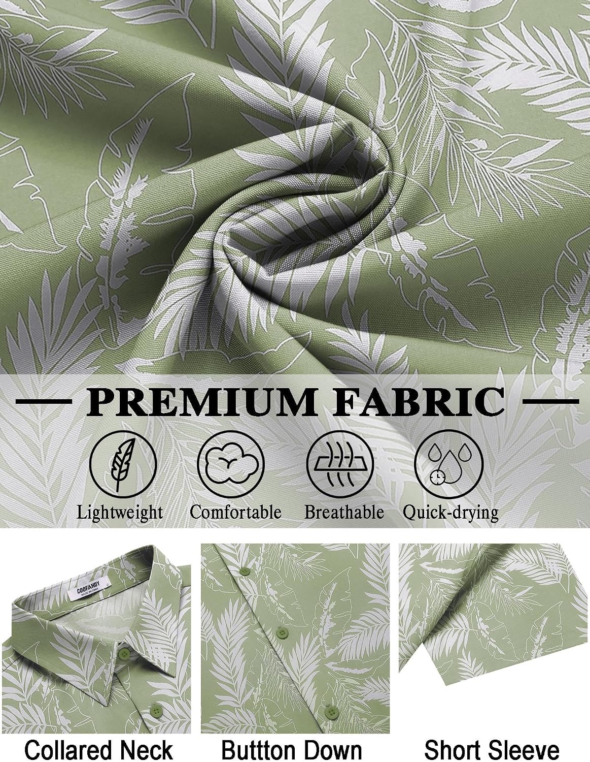 Detalle 2 de COOFANDY Men's Hawaiian Shirt, Short-Sleeve Button-Down with Tropical Print