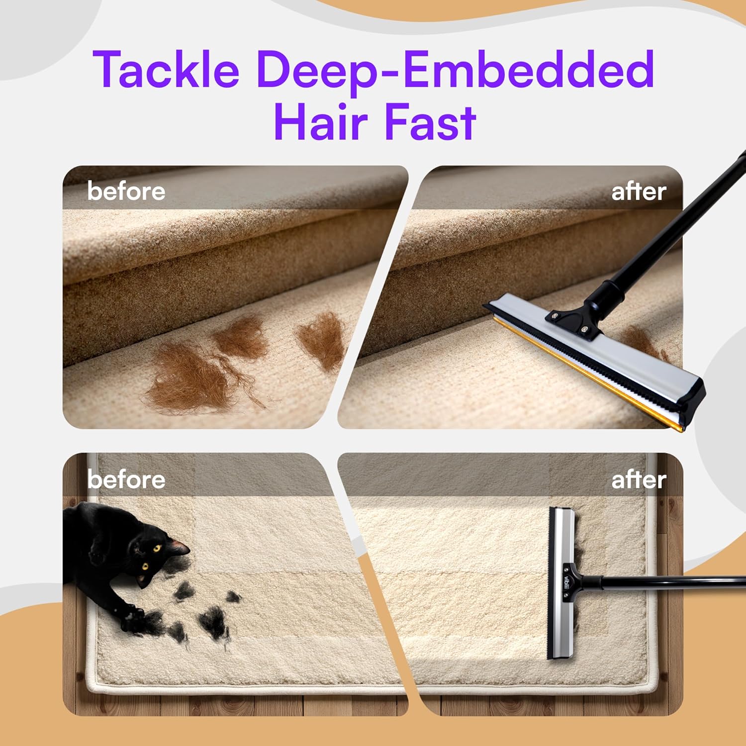 Detalle de Viblii Dual-Edge Pet Hair Carpet Rake and Scraper: a practical all-in-one tool for low-pile carpets