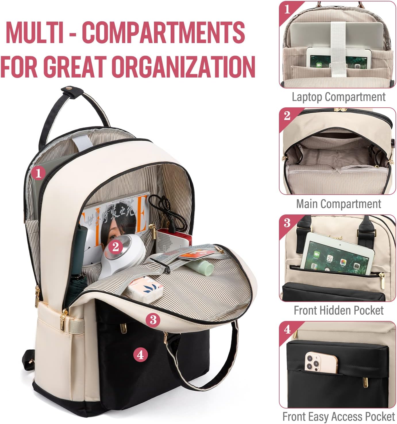 Detalle de LOVEVOOK Sac à Dos Femme 17 Pouces : élégant, imperméable et antivol avec USB - parfait pour étudiants et professionnels