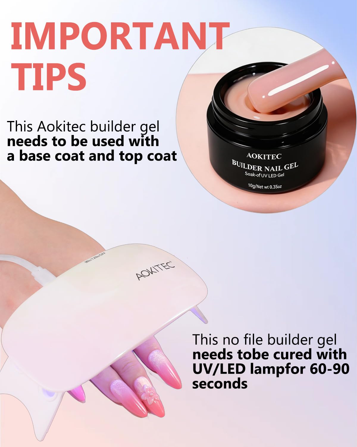 Thumbnail 4 de Aokitec Aufbaugel-Set für Gelnägel (No File & Self-Glättend) – UV-Gel in Nude und Weiß