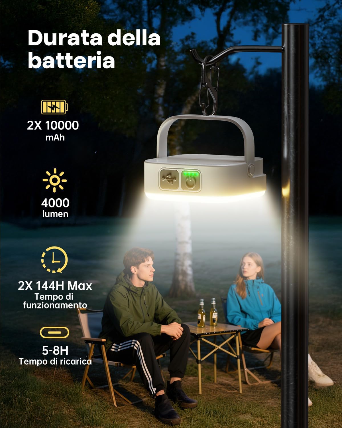 Detalle de Eventek Lampada da campeggio 4000 lm, 10000 mAh ⛺