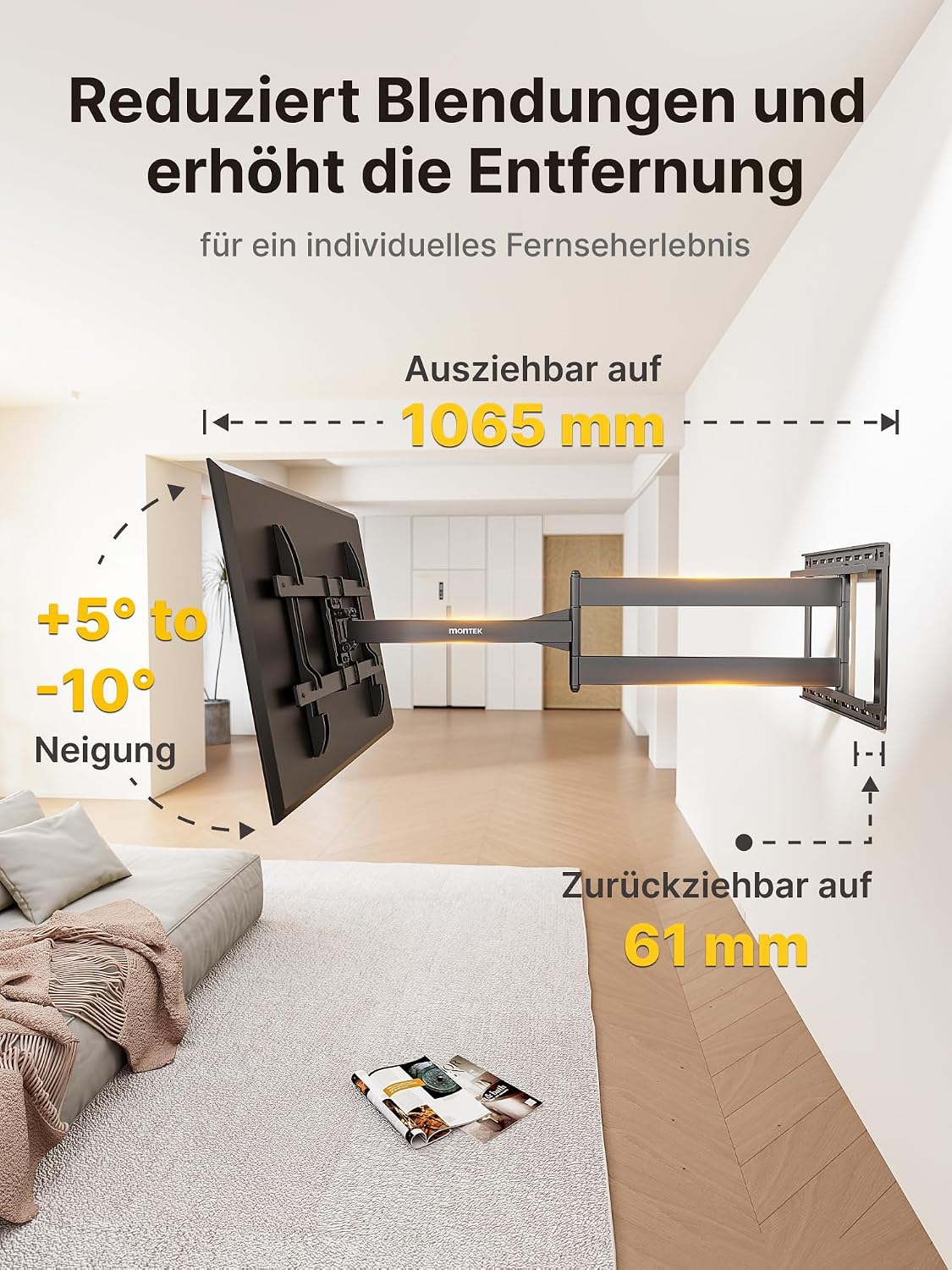 Detalle de monTEK Langarm 1067 mm TV-Wandhalterung für 43–80 Zoll bis 50 kg (ausziehbar, schwenk- und neigbar, max. VESA 600×400)