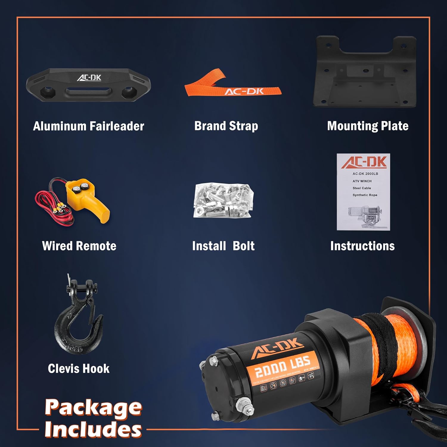 Thumbnail 5 de AC-DK 12V 2000-lb ATV/UTV Electric Winch with Synthetic Rope and Wired Remote