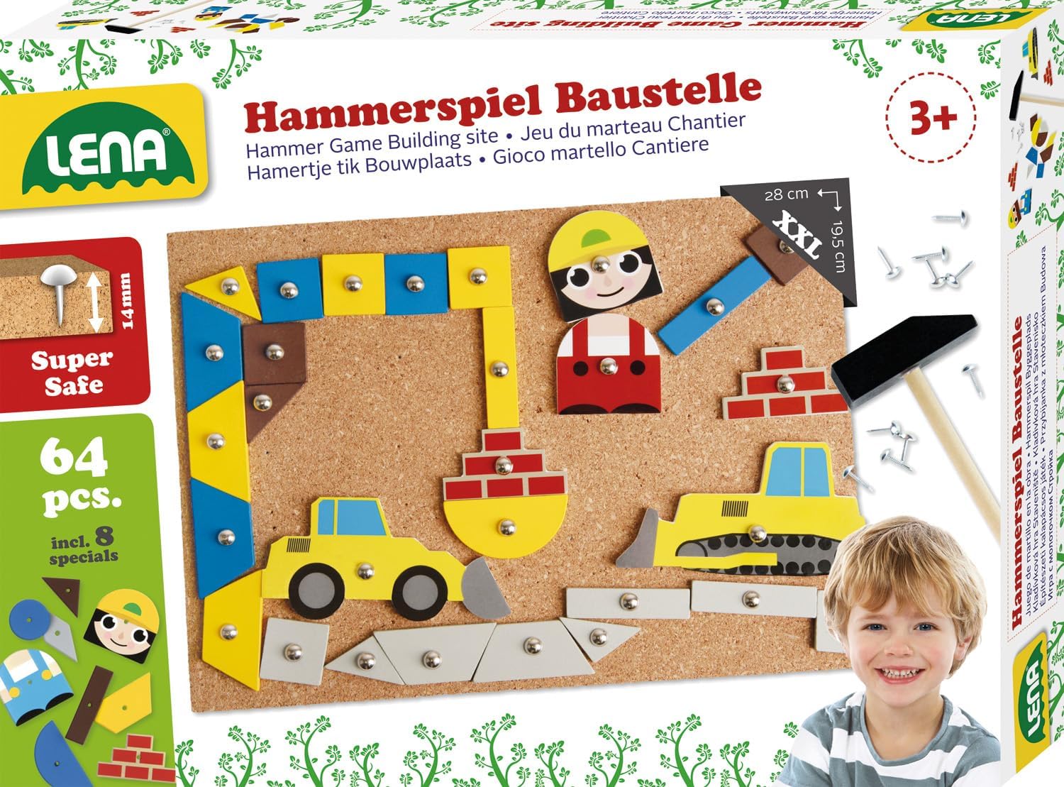 Detalle de Lena 65828 Hammerspiel – Nagelspiel mit 64 bunten Plättchen, Korkplatte 28 × 19,5 cm