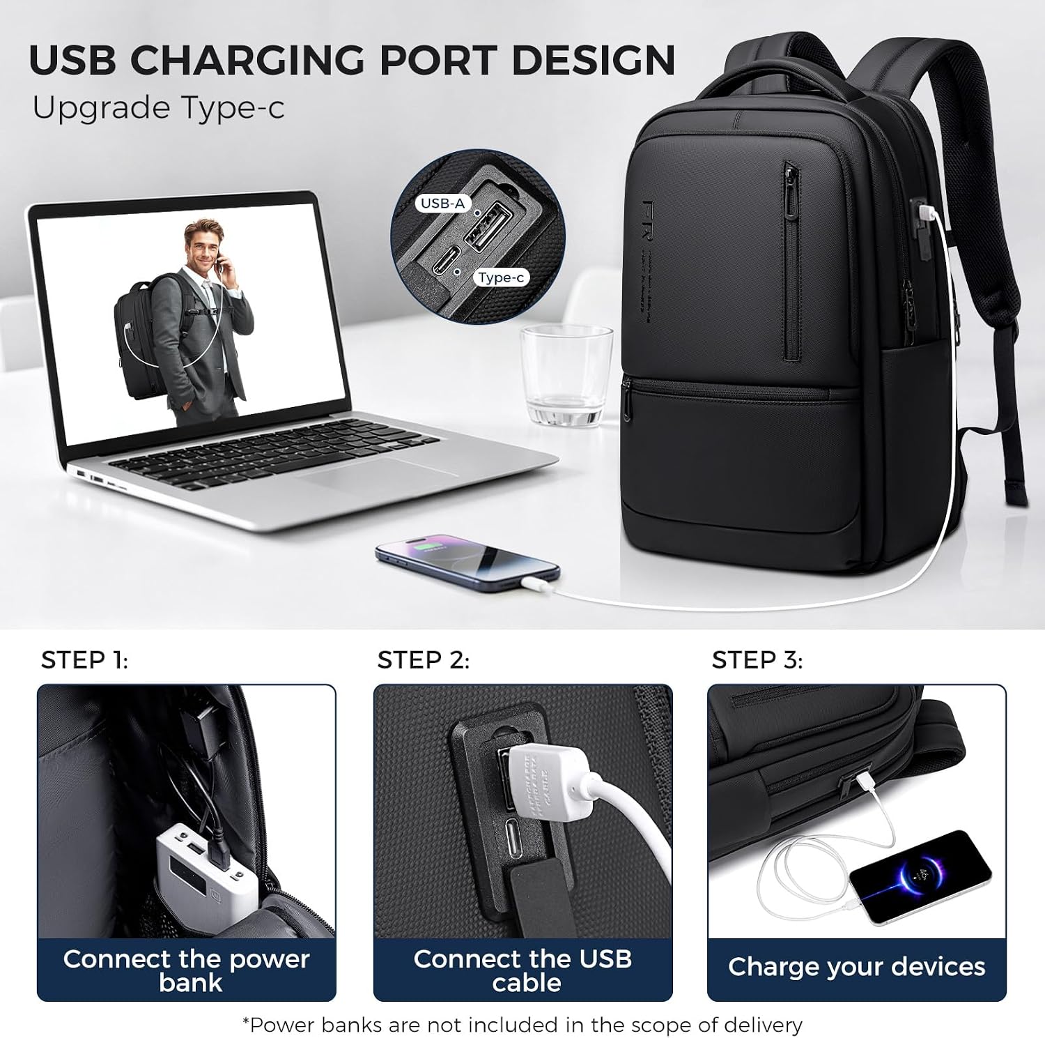 Detalle 2 de Fenree.geer Expandable Laptop Backpack: 21.6–32.4L Travel Rucksack with USB Ports