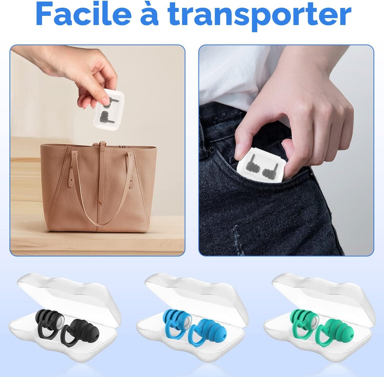 Thumbnail 6 de Lot de 3 paires de bouchons d’oreille WLSCTY en silicone souple (noir, bleu, vert) pour natation, douche et surf