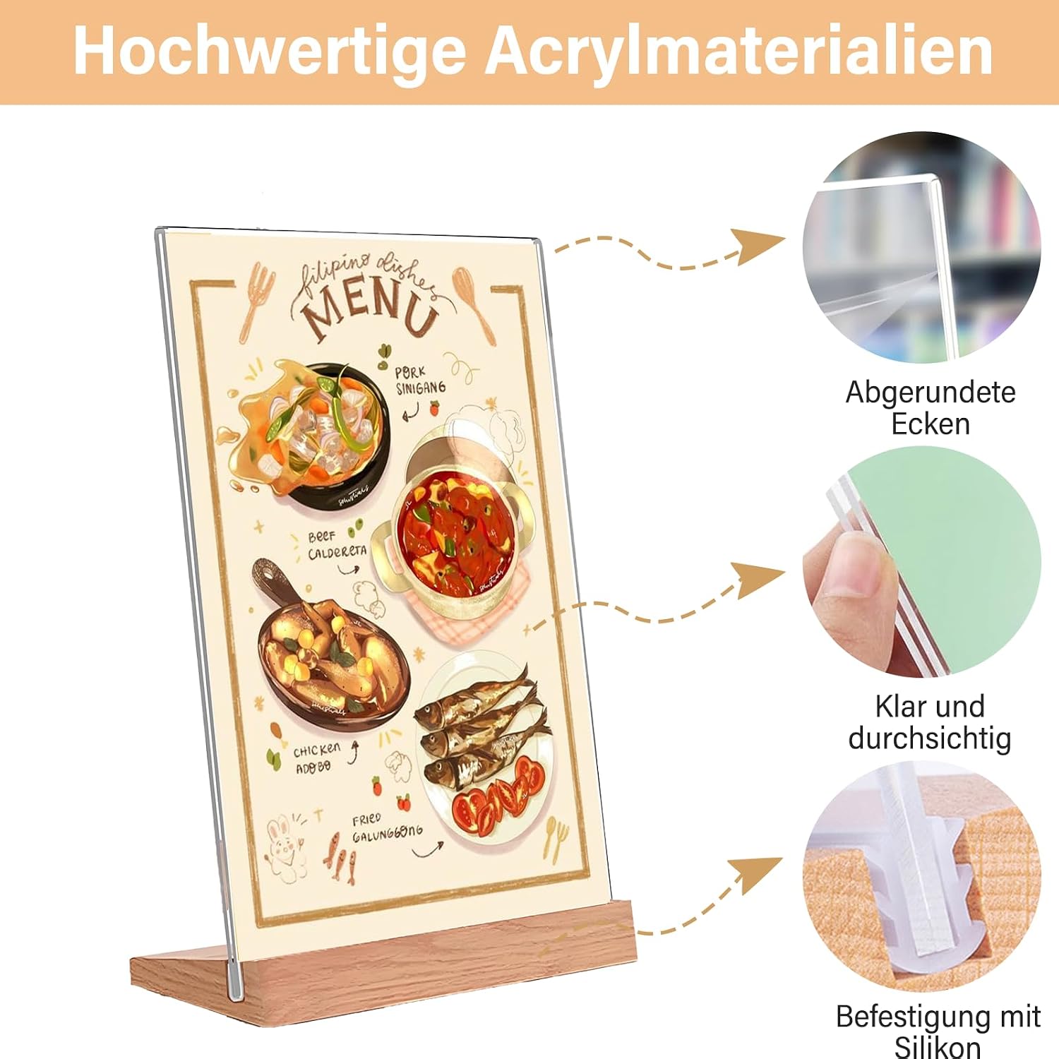 Detalle de Kisstta A6-menukaartstandaards van transparant acryl met houten voet, set van 2