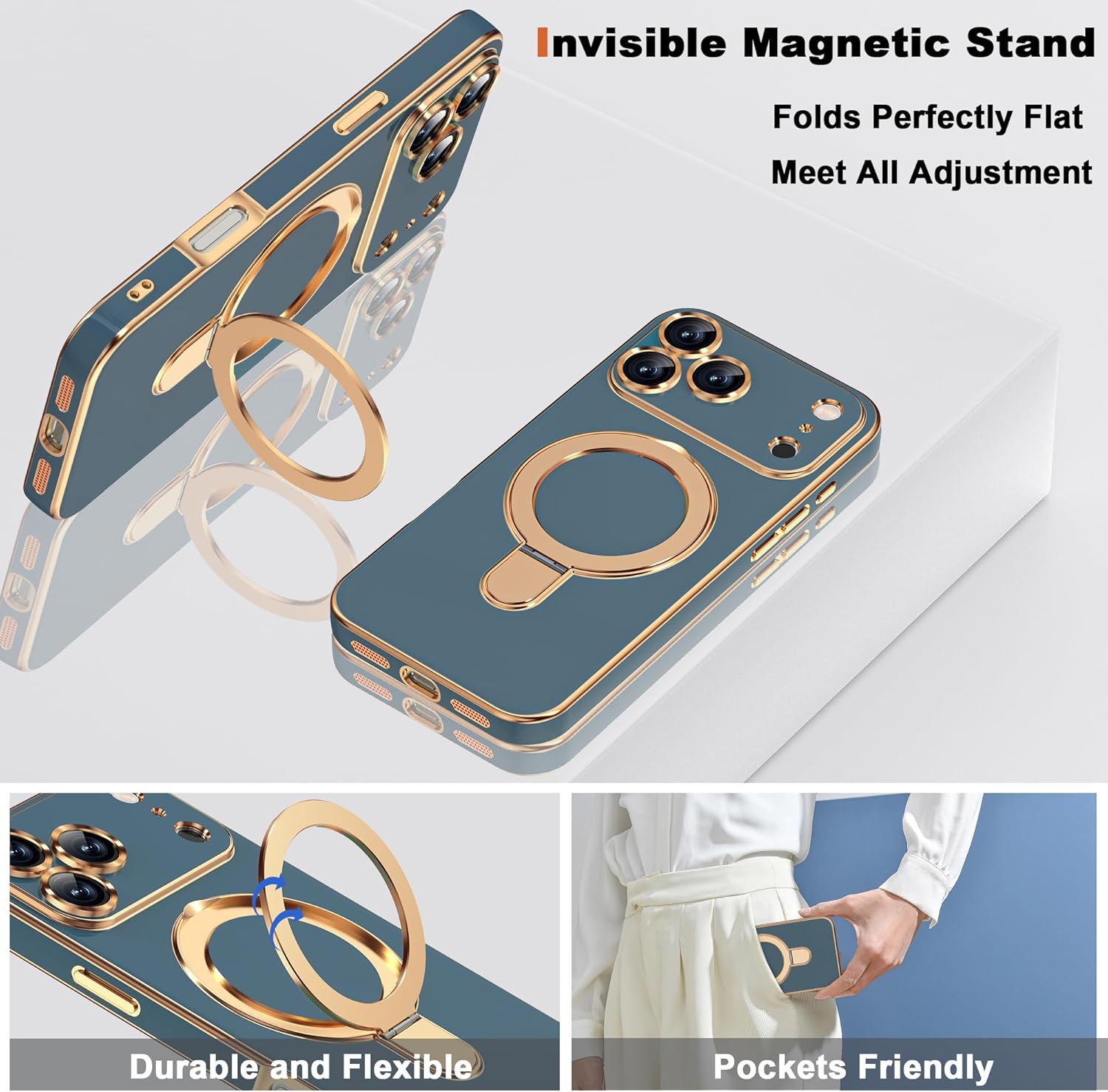 Thumbnail 5 de ETPESOK Compatible iPhone 17 Pro Max Case with Magnetic Ring Stand (Mag-Safe) and Full Camera Lens Protector, Grey Blue