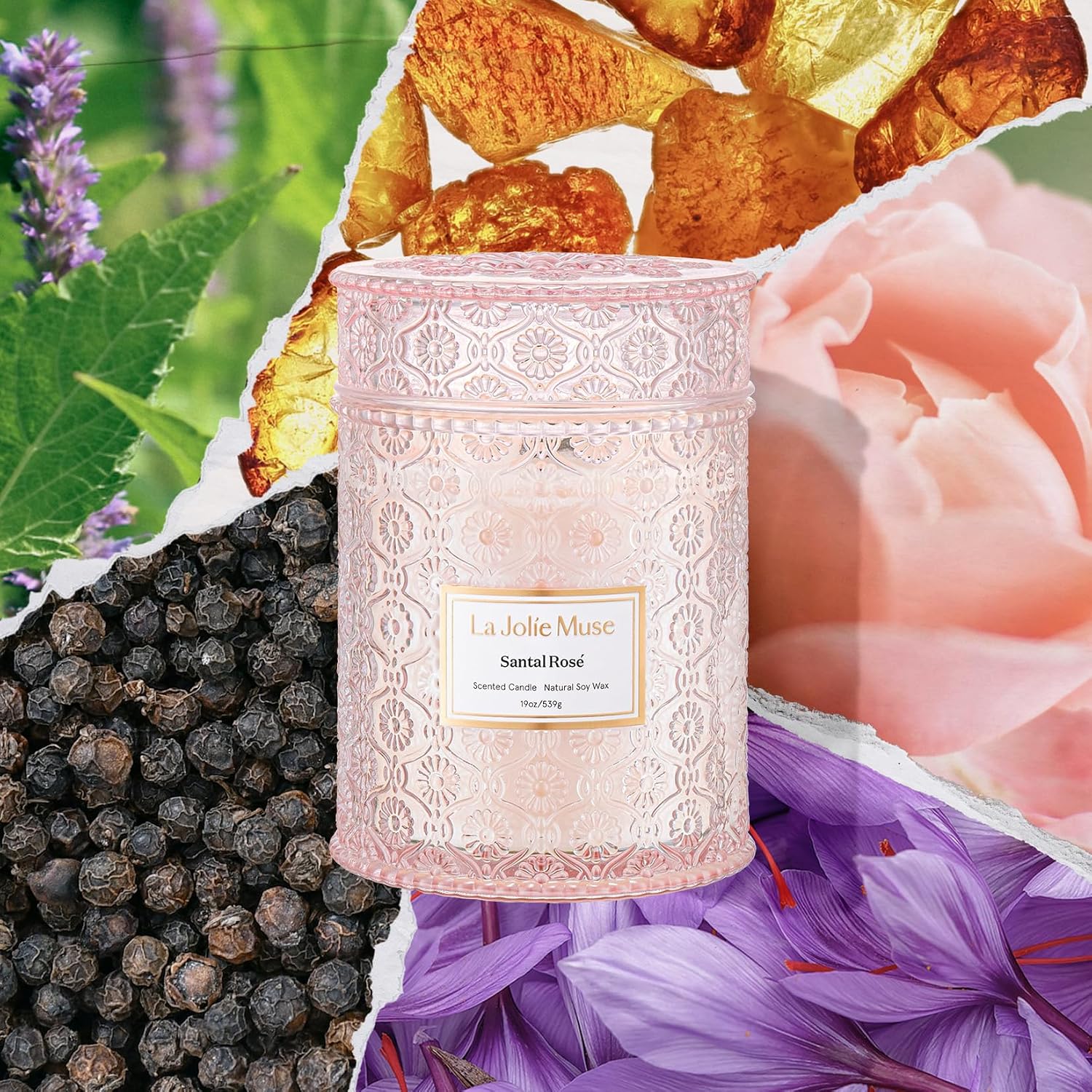 Detalle 2 de LA JOLIE MUSE Rose Noir & Oud Scented Candle – 19 oz Large Wooden Wick, Soy Wax, 90 Hours