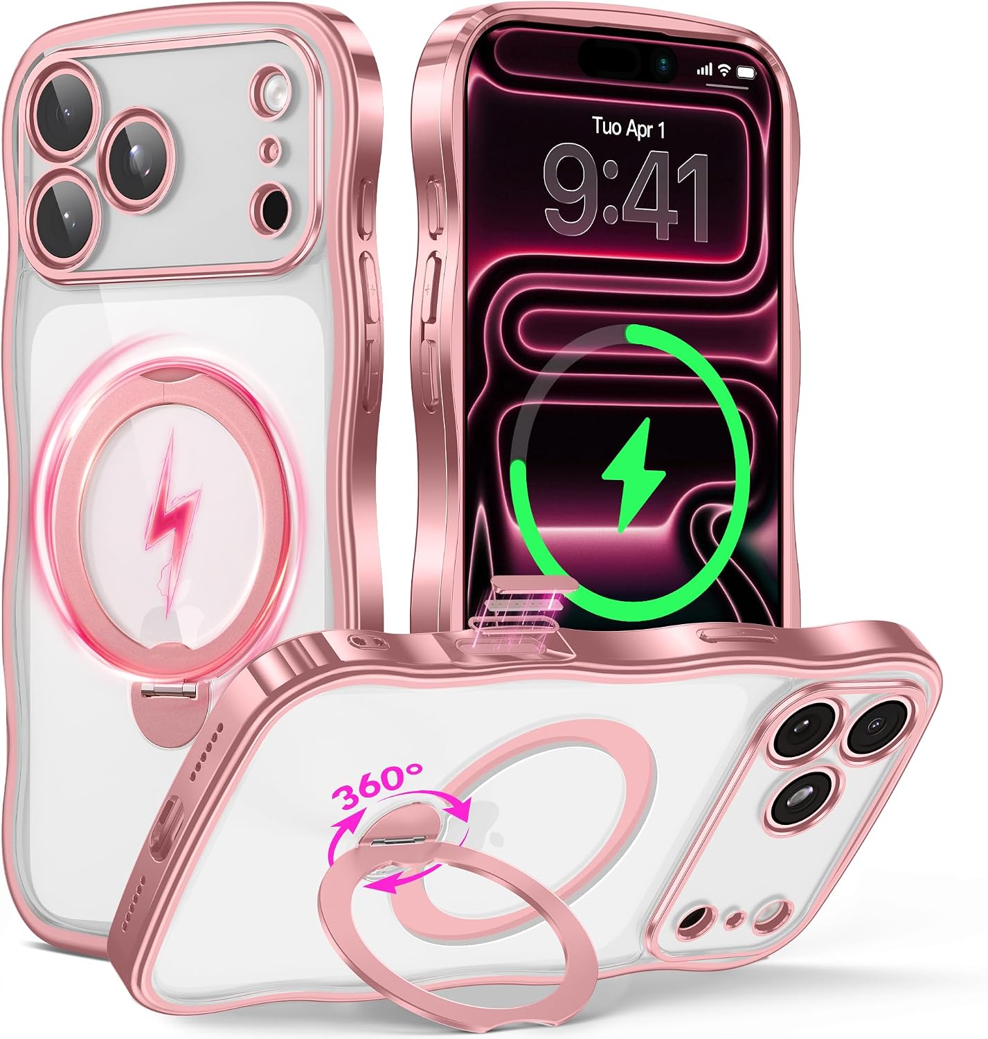 Detalle de GolbinBox Magnetic iPhone 17 Pro Max Case with 360° Rotating Stand (MagSafe Compatible) – Pink/Clear