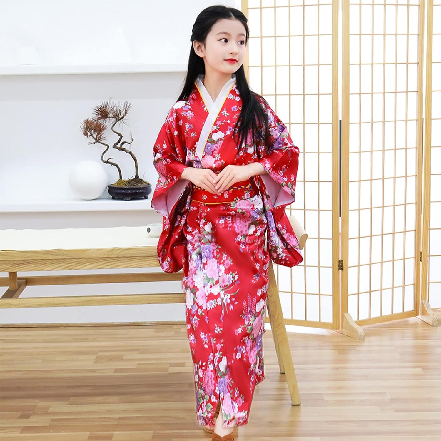 Thumbnail 6 de KRUIHAN Japanse kimono voor meisjes, satijnen yukata met waaier en tabi-sokken