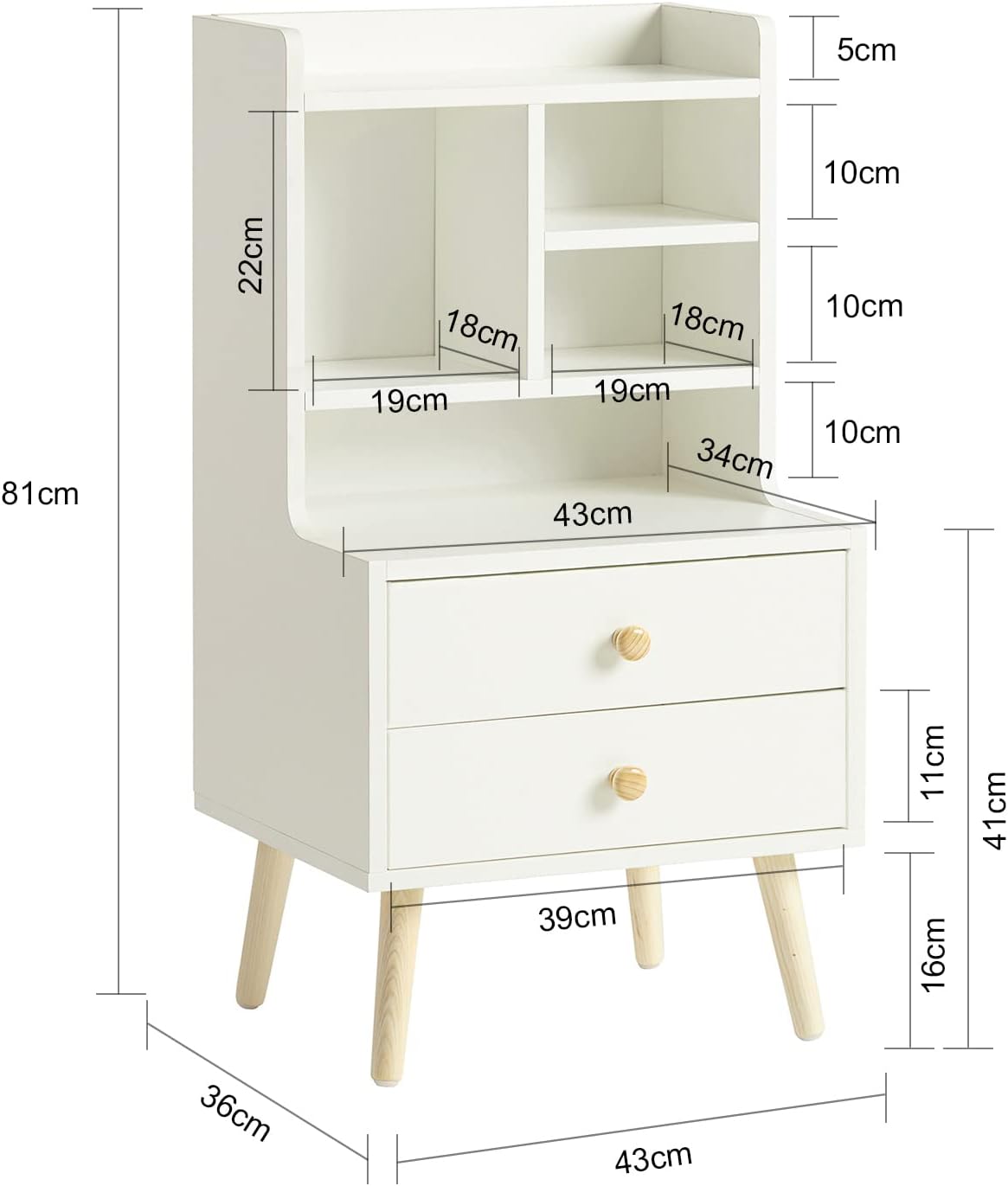 Detalle de SoBuy Table de Nuit Moderne FBT100-W avec Tiroirs et Étagères Ouvertes – Chevet en bois de pin blanc