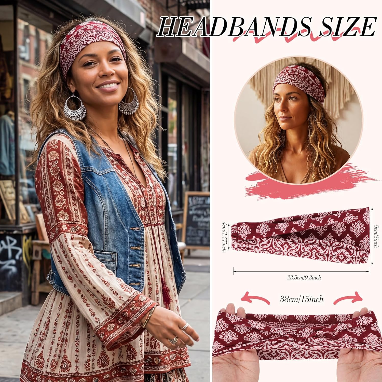 Detalle 2 de obeoby 8-Pack Boho Knotted Headbands for Women (Non-Slip, Adjustable)