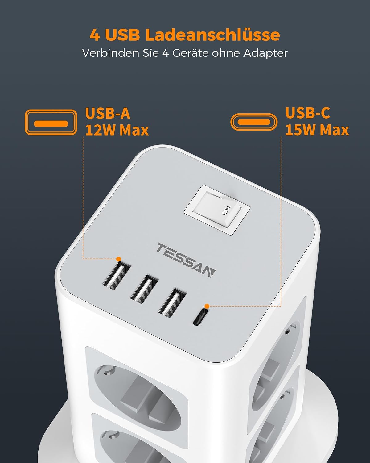 Detalle de TESSAN grenuttag med 8 eluttag, 4 USB-portar och 2 m sladd